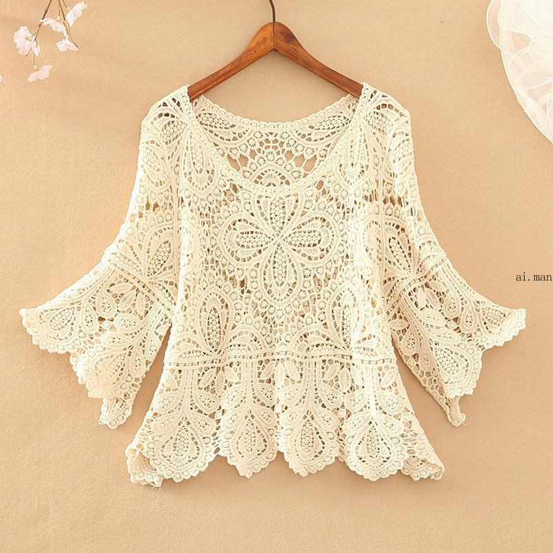Women Crochet Crop Top Half Sleeve Hollow Bolero Shrug Shawl Sun Protection Top