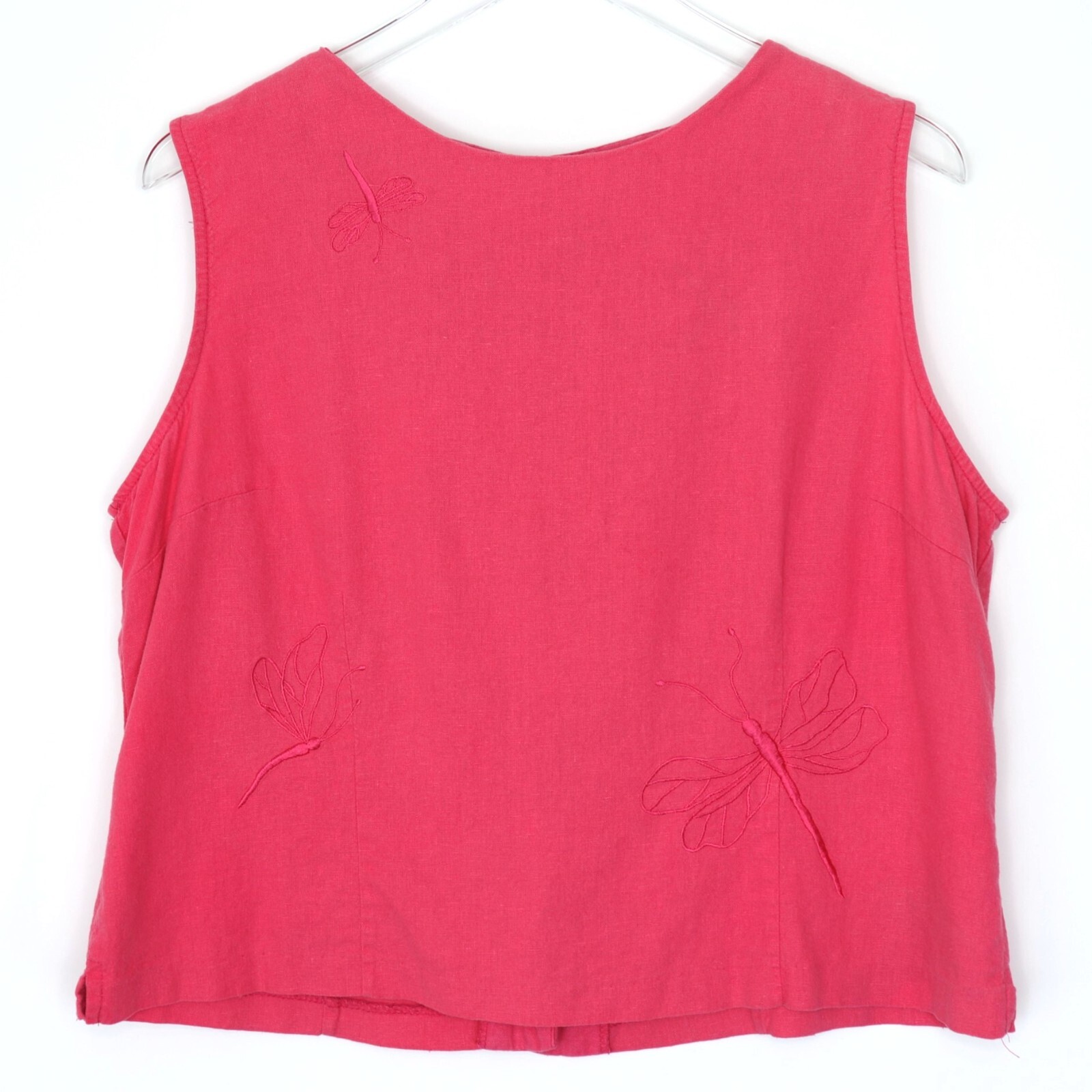 Basic Editions Pink Sleeveless Back Button Top Size 18 Embroidered Dragonfly