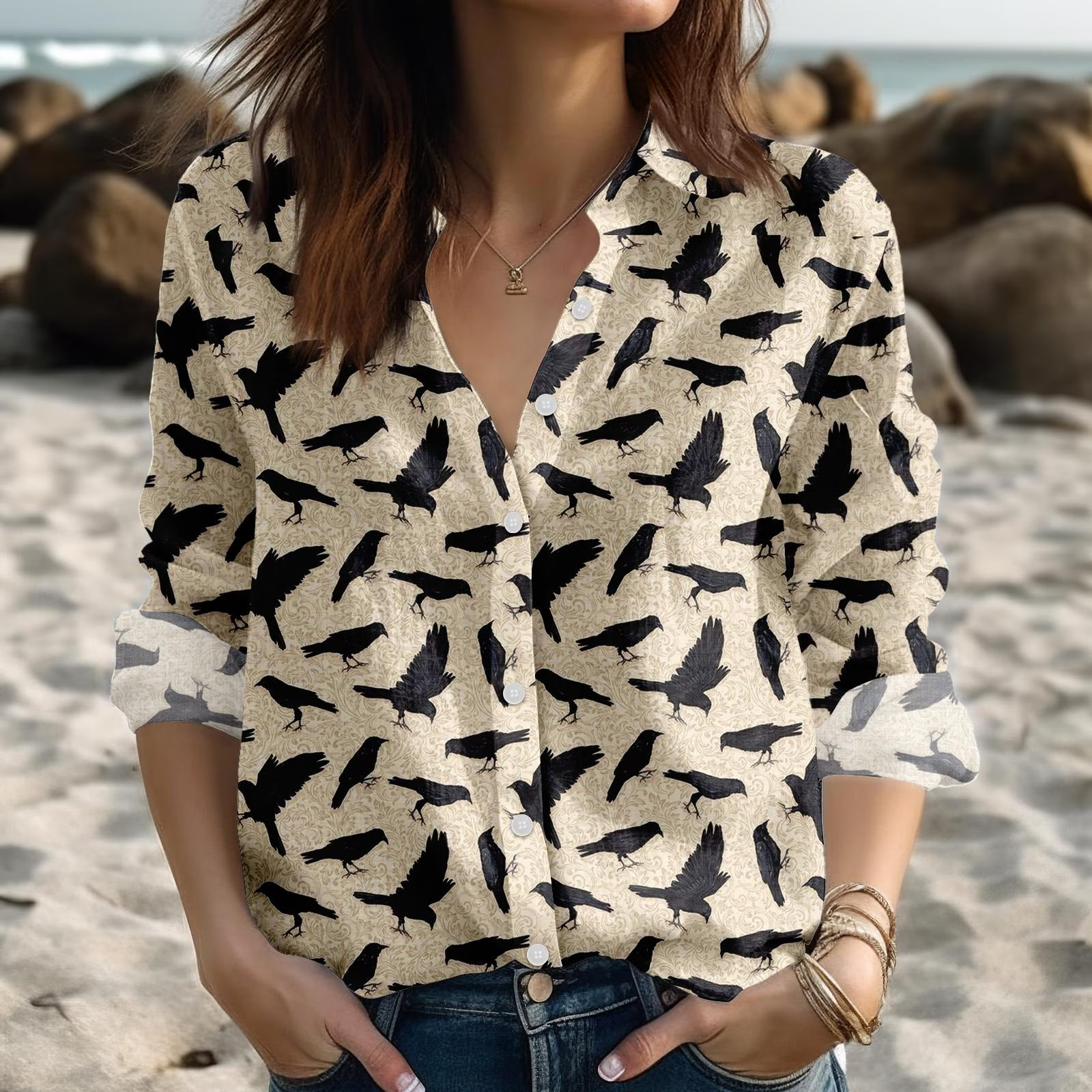 Gothic Raven Bird Print Blouse Nature Inspired Black Crow Top Aesthetic Gift