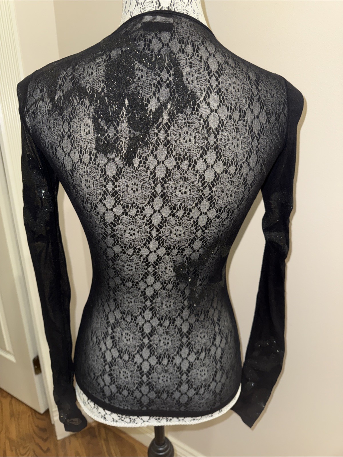 Vintage Plein Sud France Black Mesh Sparkle Long Sleeve See through Top S/M