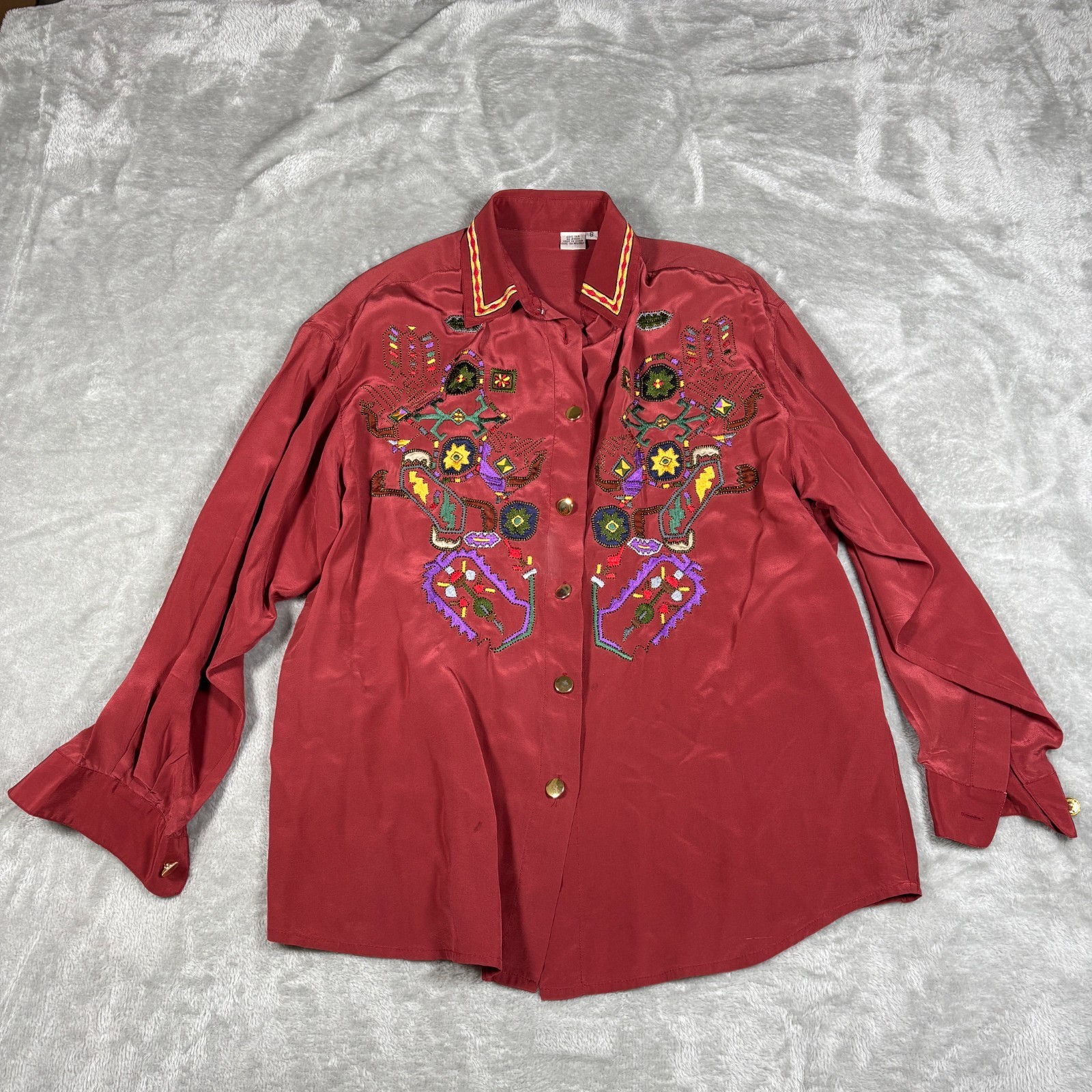 Vintage Western Shirt Womens 8 Red Silk Embroidered Boho Southwest Cowgirl 80s