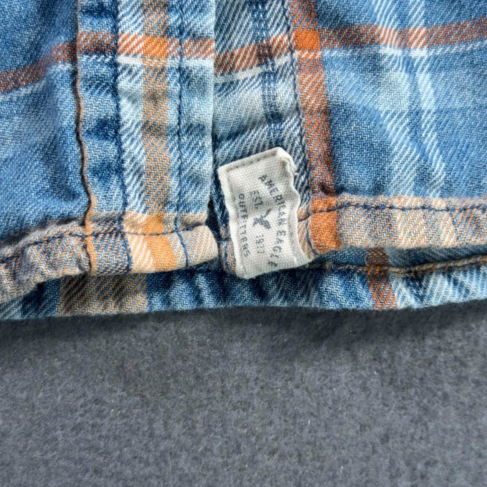 American Eagle Flannel Pearl Snap Shirt Womens M Blue Orange Plaid Boyfriend Fit