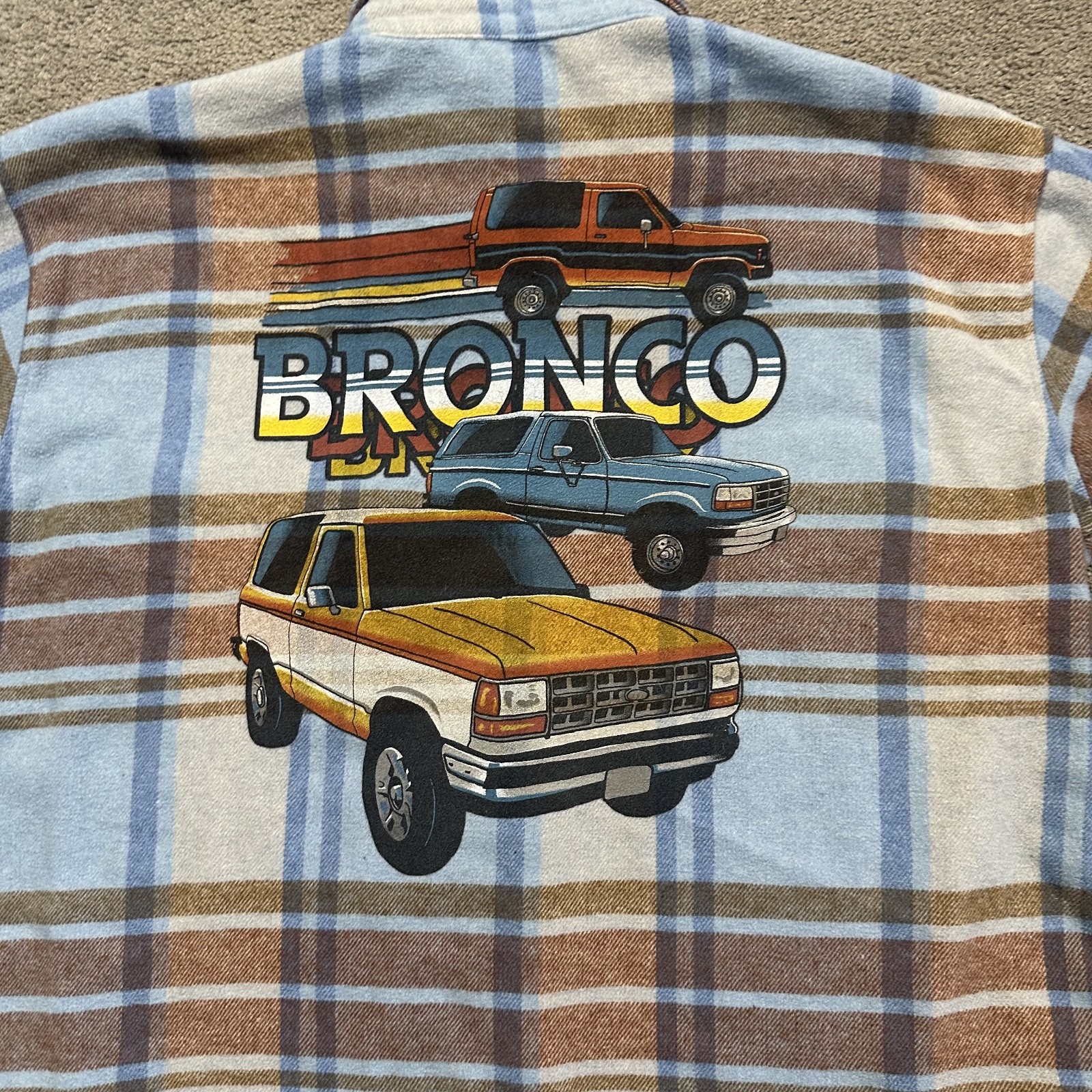 Ford Shirt Womens XL Blue Brown Tartan Plaid Flannel Bronco 80s Wool Heavy