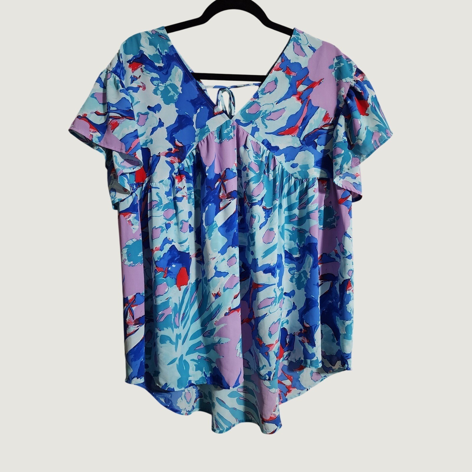 Unbranded Babydoll Top Abstract Floral Print Large Blue Purple