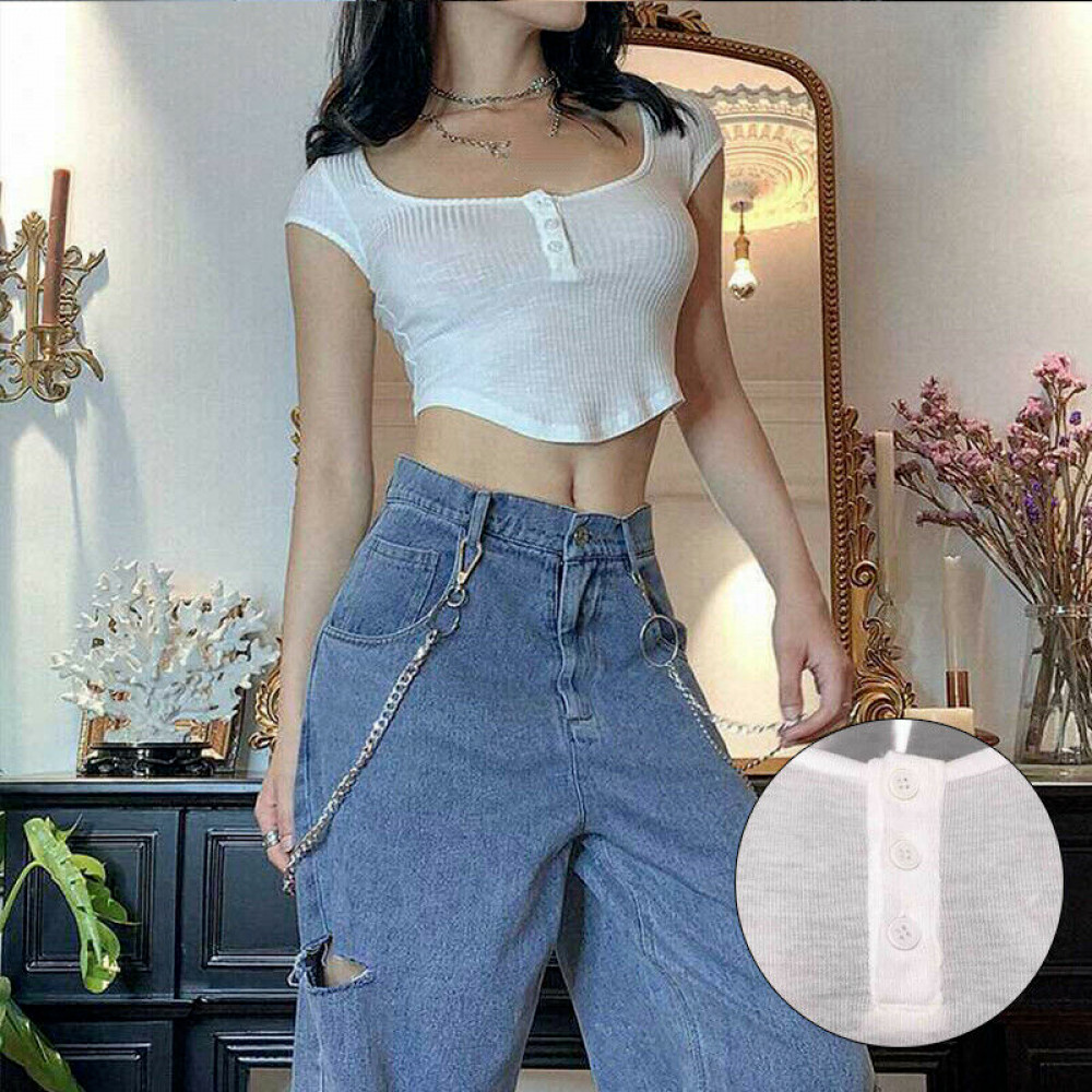 Womens Short Sleeve Low Cut T-shirt See-through Crop Top Sheer Transparent Sexy