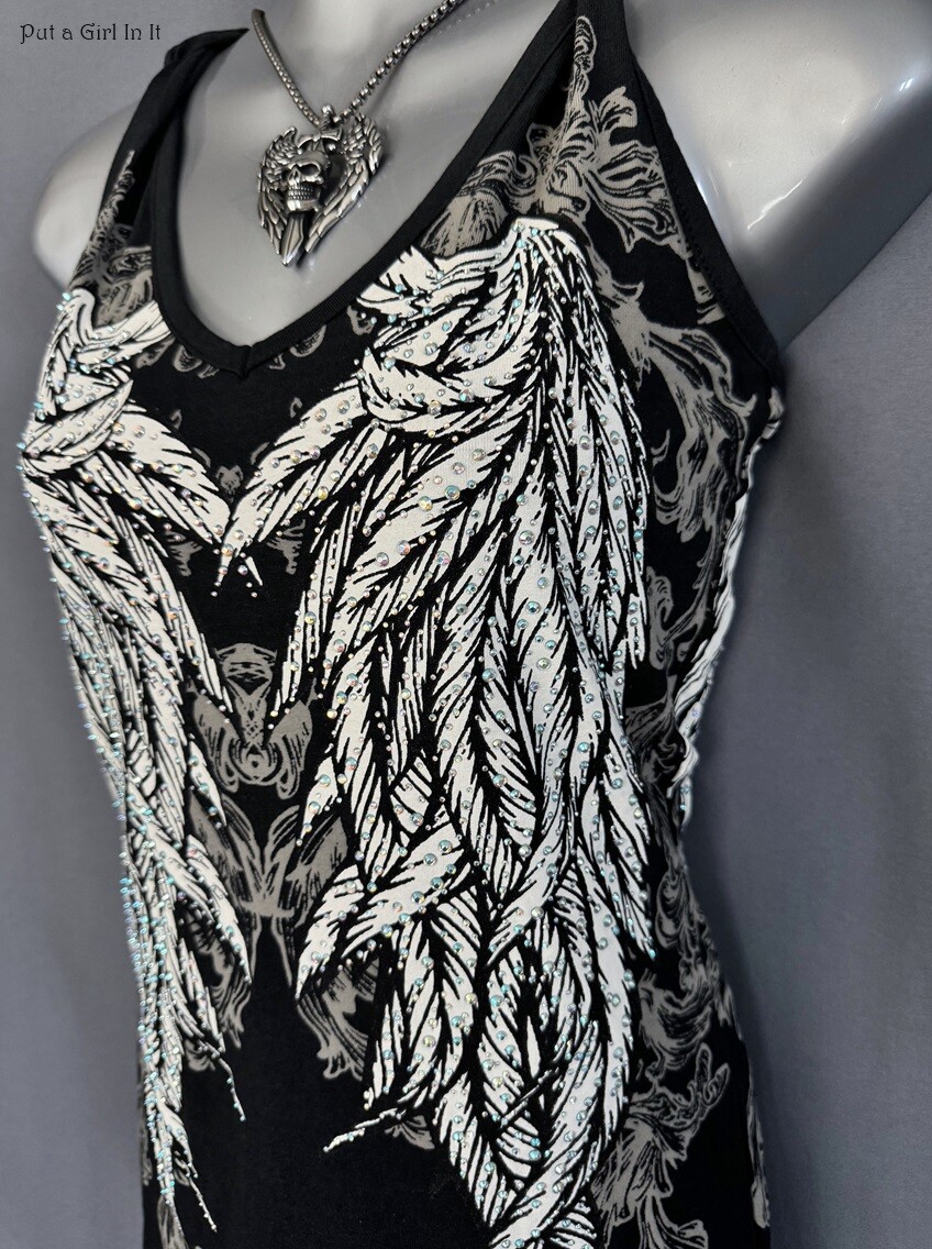 New Womens CRYSTAL BLACK BIKER BRAIDED ANGEL WINGS TANK TOP S M L XL 1X 2X 3X