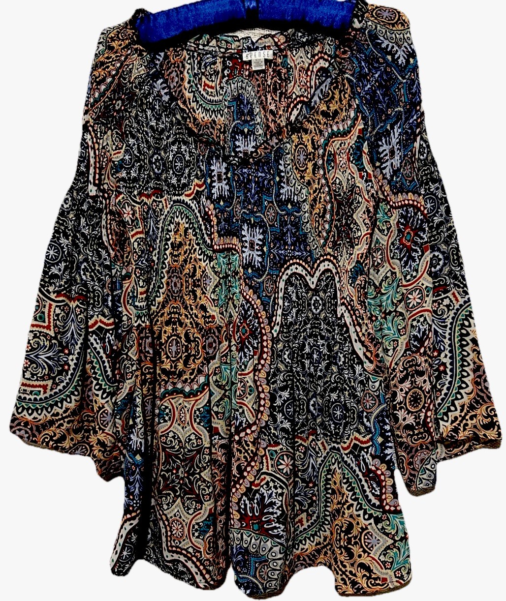 Spense Top S Cute Silky Paisley Print Pleated Babydoll Shirt Blouse Size Small