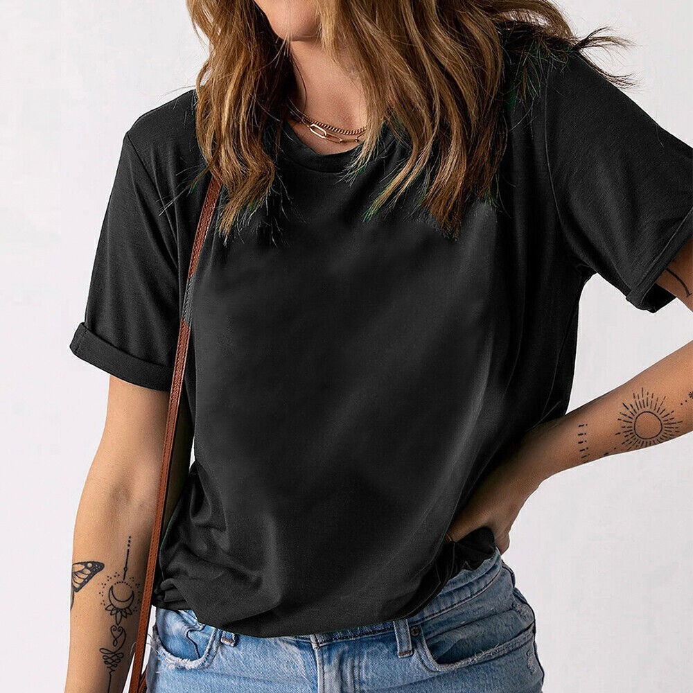 Women Short Sleeve Plain T-Shirt Basic Tee Ladies Summer Casual Loose Top Blouse