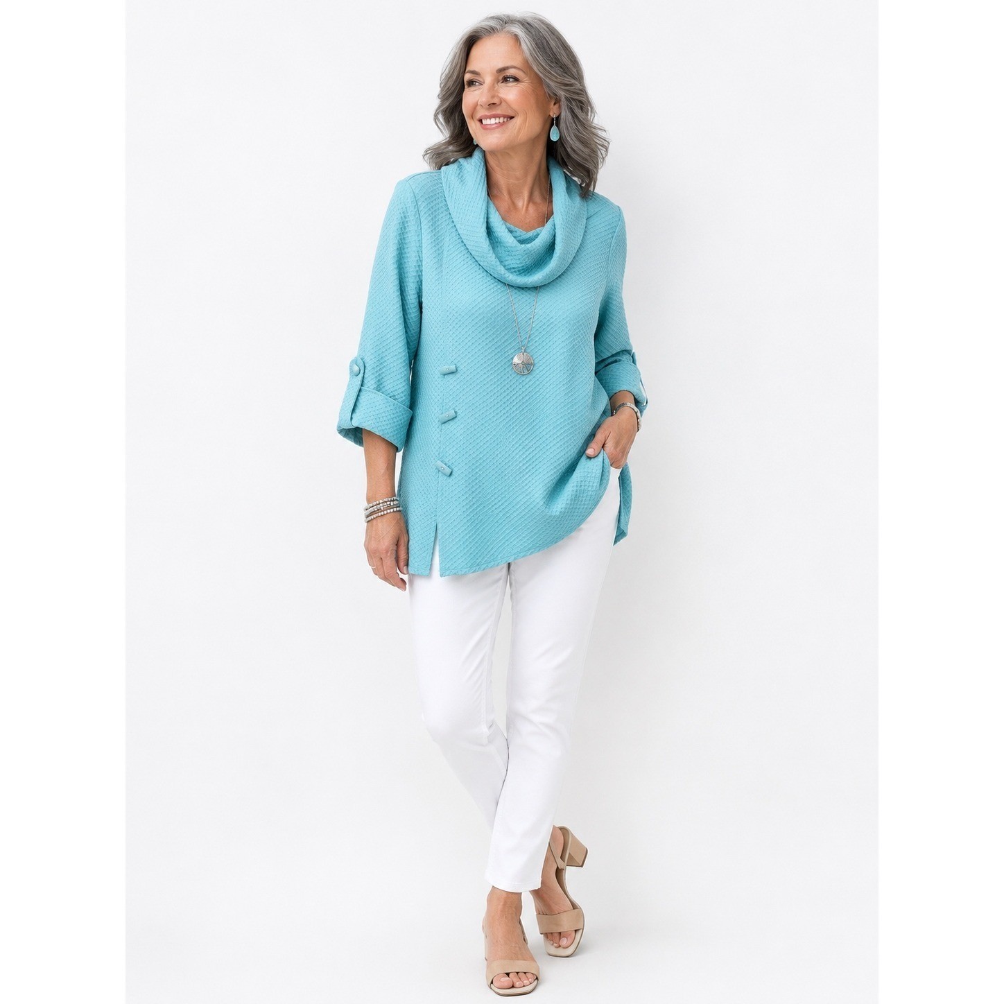 Ali Miles Cowl Neck Tunic Top Medium Turquoise Waffle Knit 3/4 Sleeve Toggle