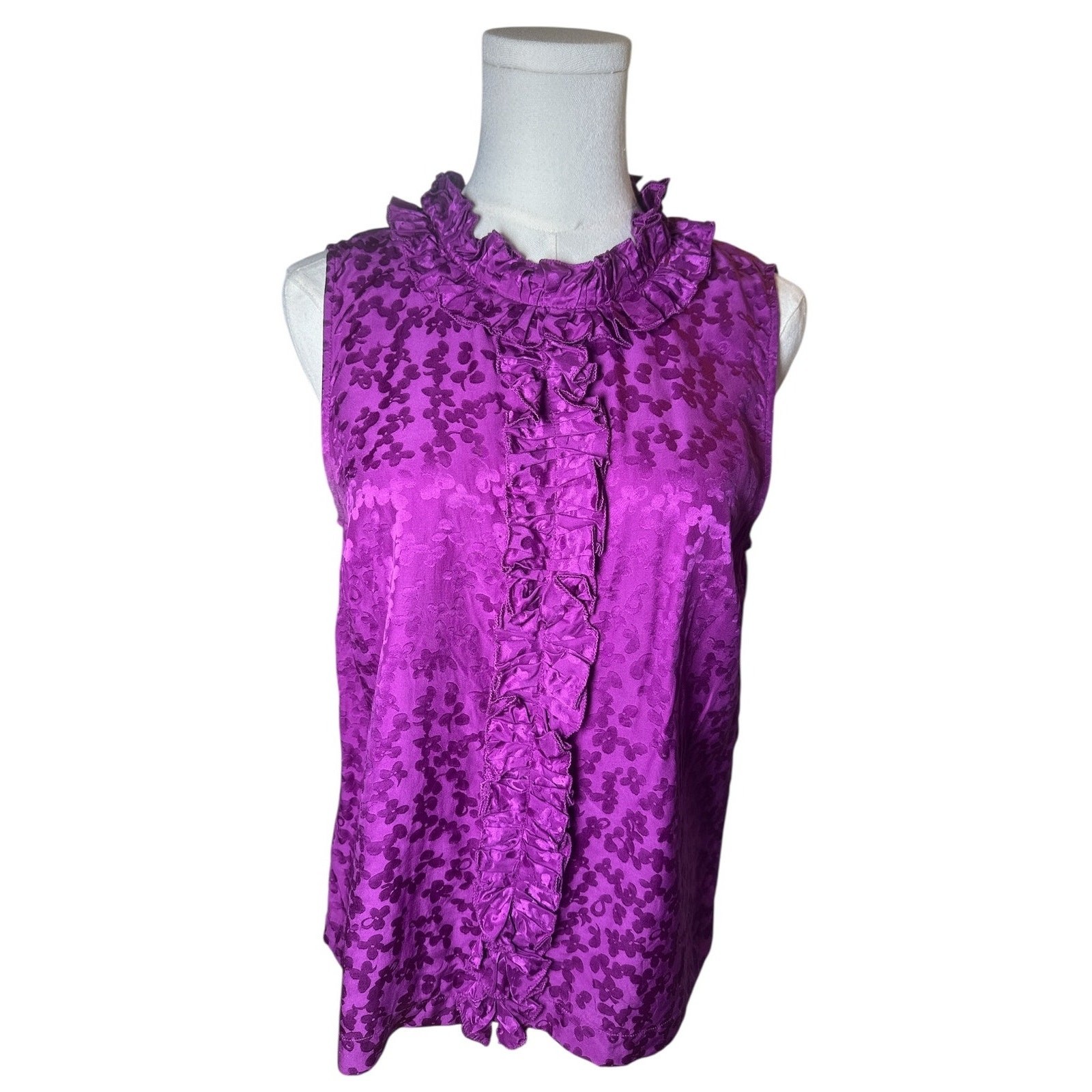 Marc by Marc Jacobs | 100% Silk Jacquard Ruffle Neck Top Sparkling Grape Sz 8