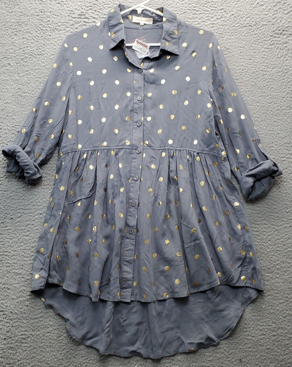 Solitaire Tunic Top Women L Multi Polka Dot Pleated Roll Tab Sleeve Button Front