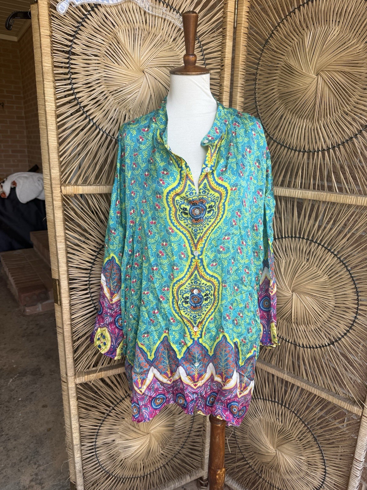 GO SILK Women’s 3X 100% Silk Floral Tunic Blouse Button Front Boho Plus Size