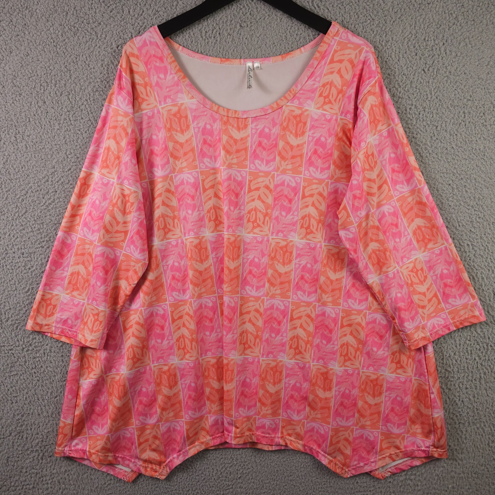 Lulu B Tunic Shirt Womens 1X Plus Pink Orange Asymmetrical Leaf Print Jersey Top