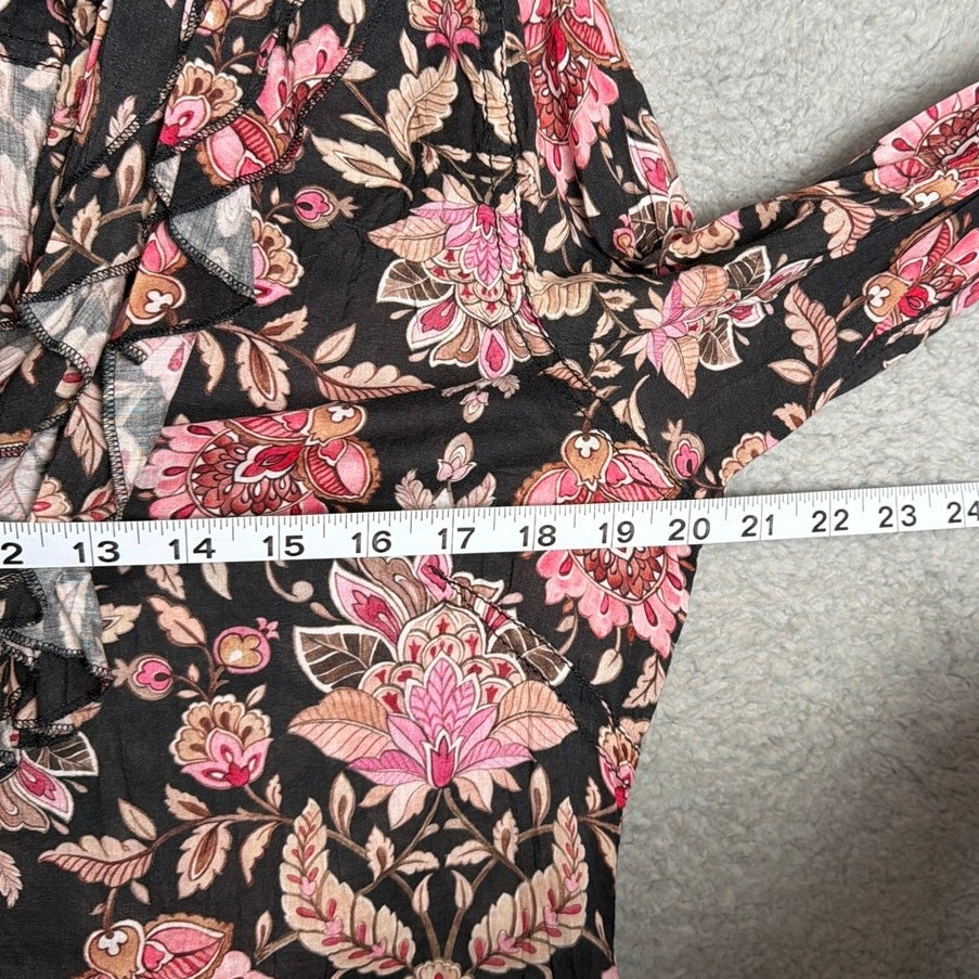 Cino Floral Ruffle Button Blouse Black Pink Cotton Cottagecore Romantic Top L
