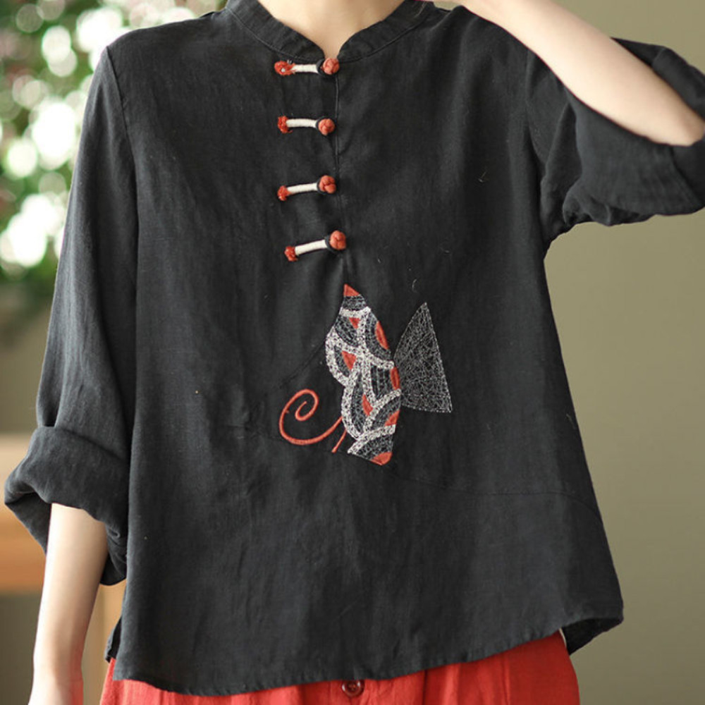 Ethnic Women Embroidery Cotton Linen T-shirts Casual Tops Blouse Retro Chinese