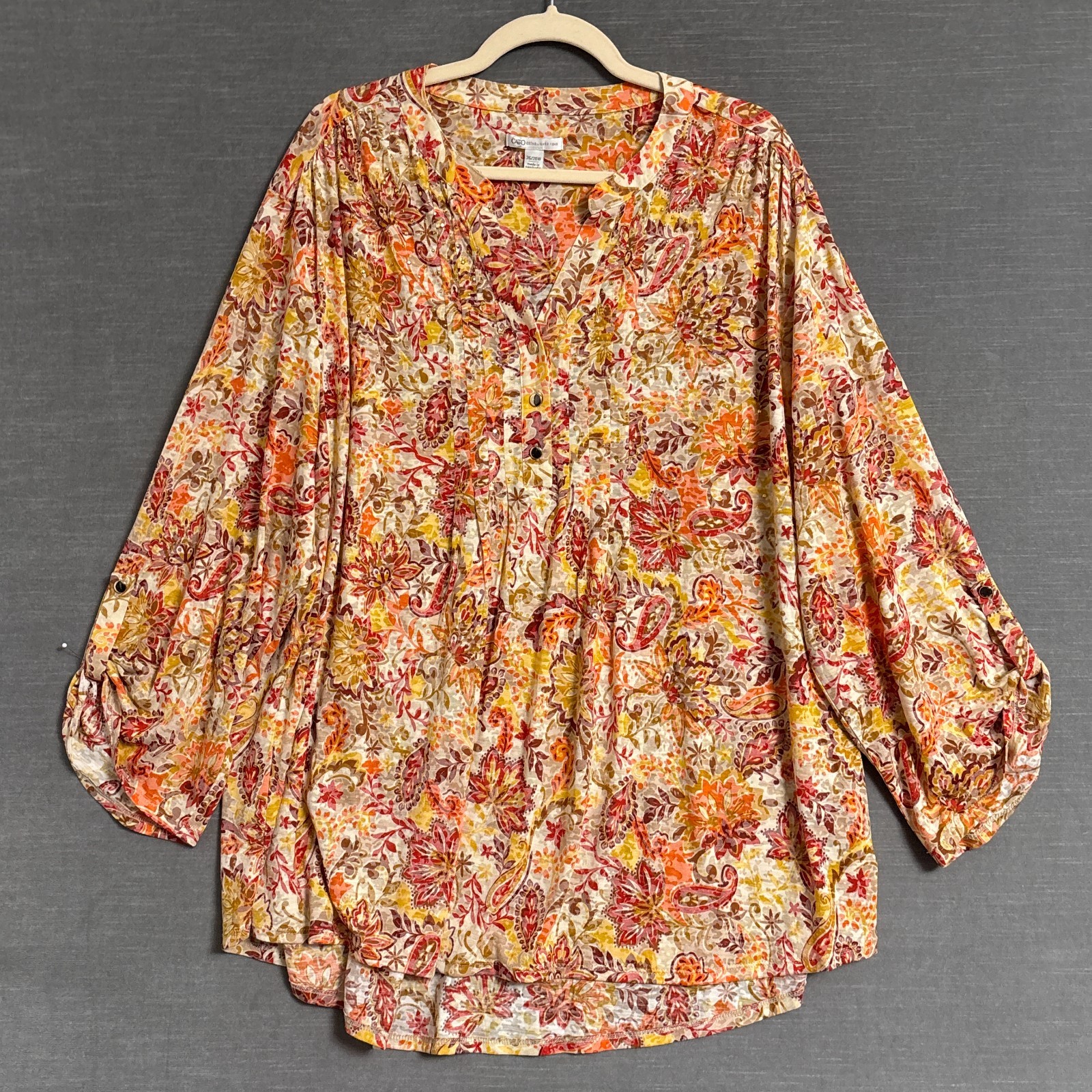 Cato Top 26/28W Orange Red Floral Tunic Popover Burnout Tunic Fall Casual Career