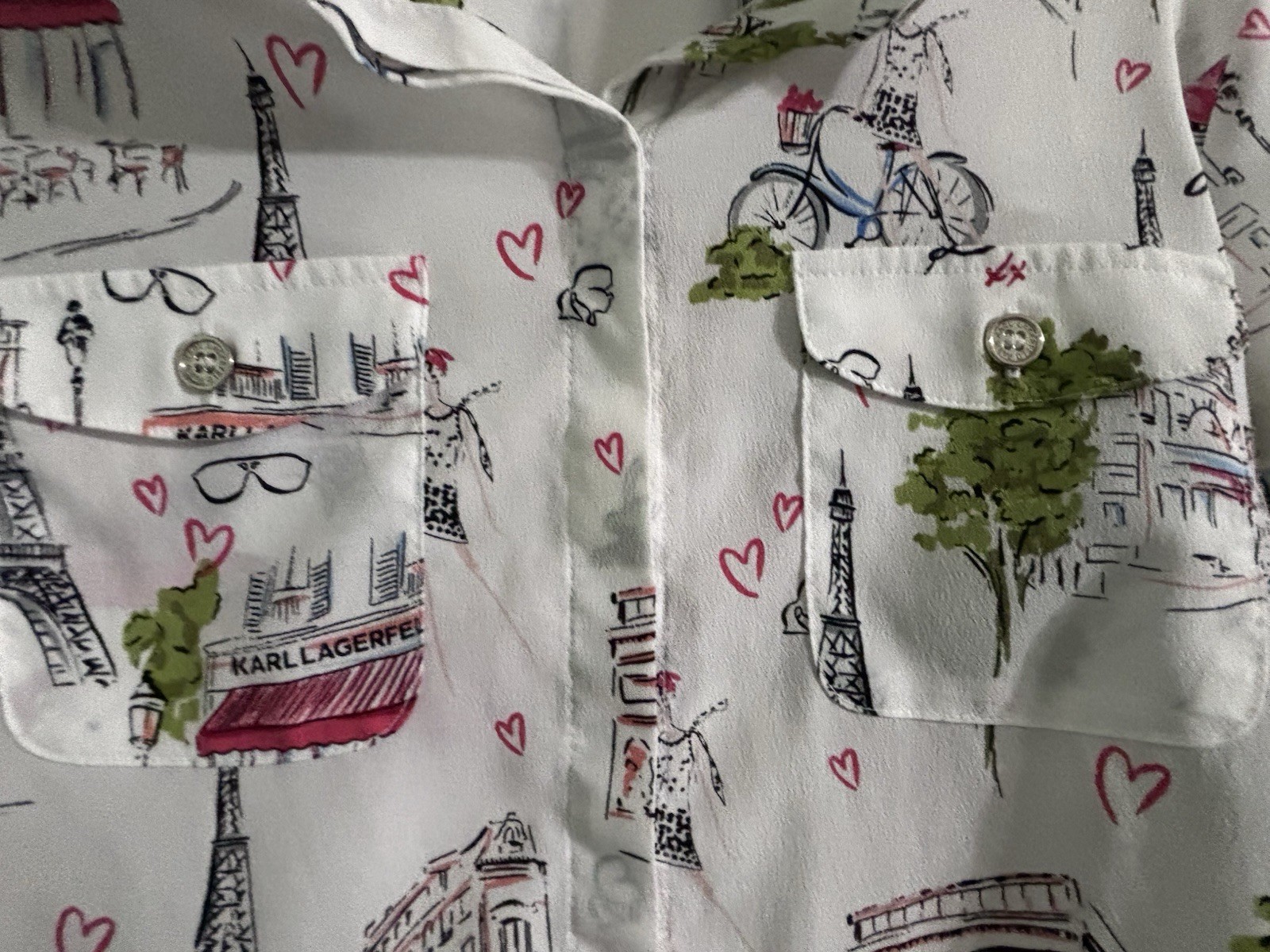 KARL LAGERFELD PARIS Women’s Button-Up Shirt Collared Paris Print White M