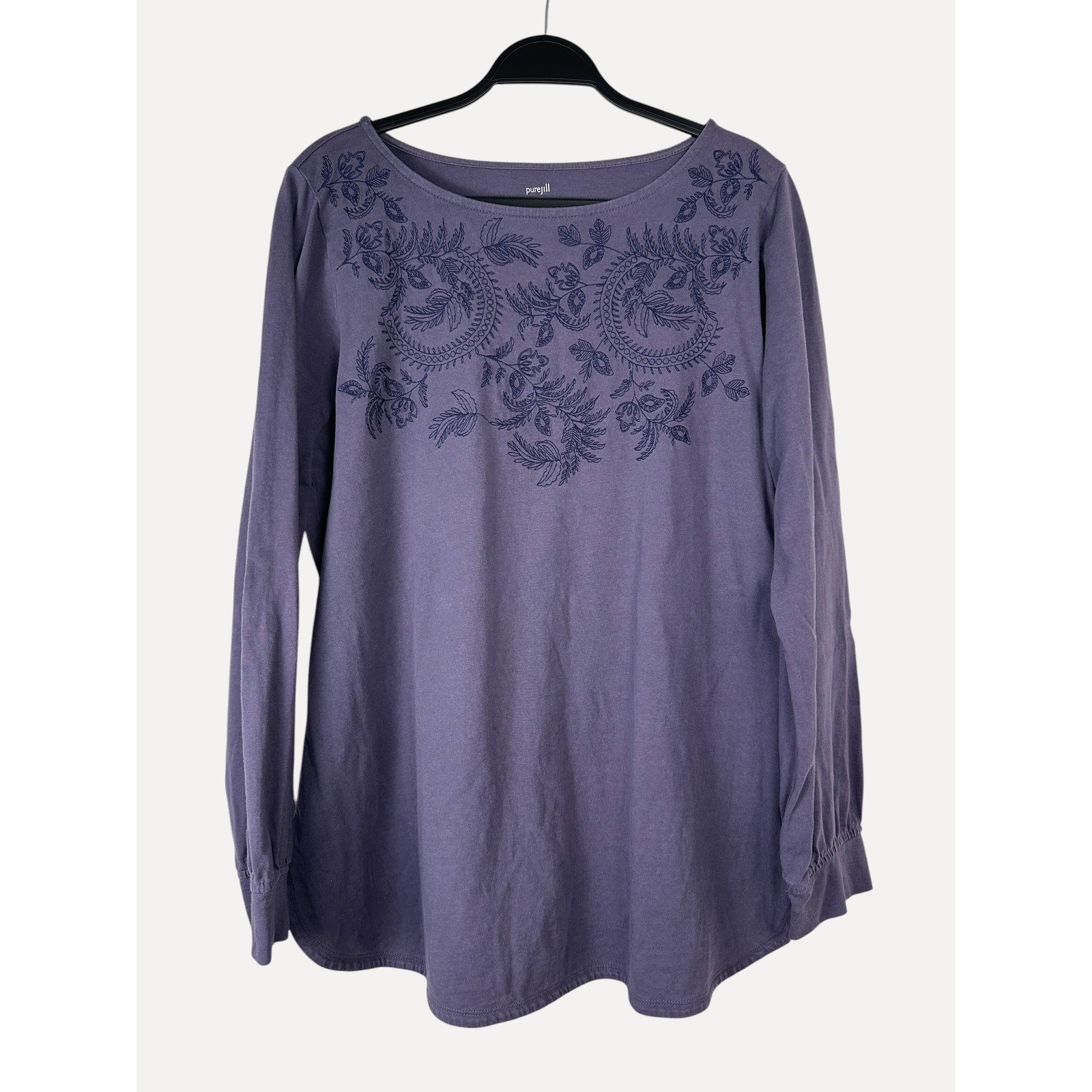 Pure Jill J. Jill Purple Embroidered Neckline Tunic Cotton Curved Hem Size L