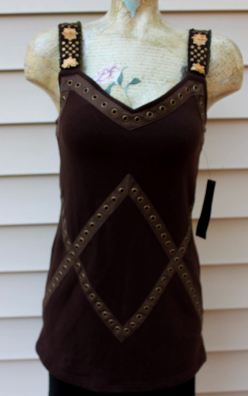 Atelier Women’s Sz 8 Brown Knit Sleeveless Tank w/ Sequins, Ribbon Accents -NWT