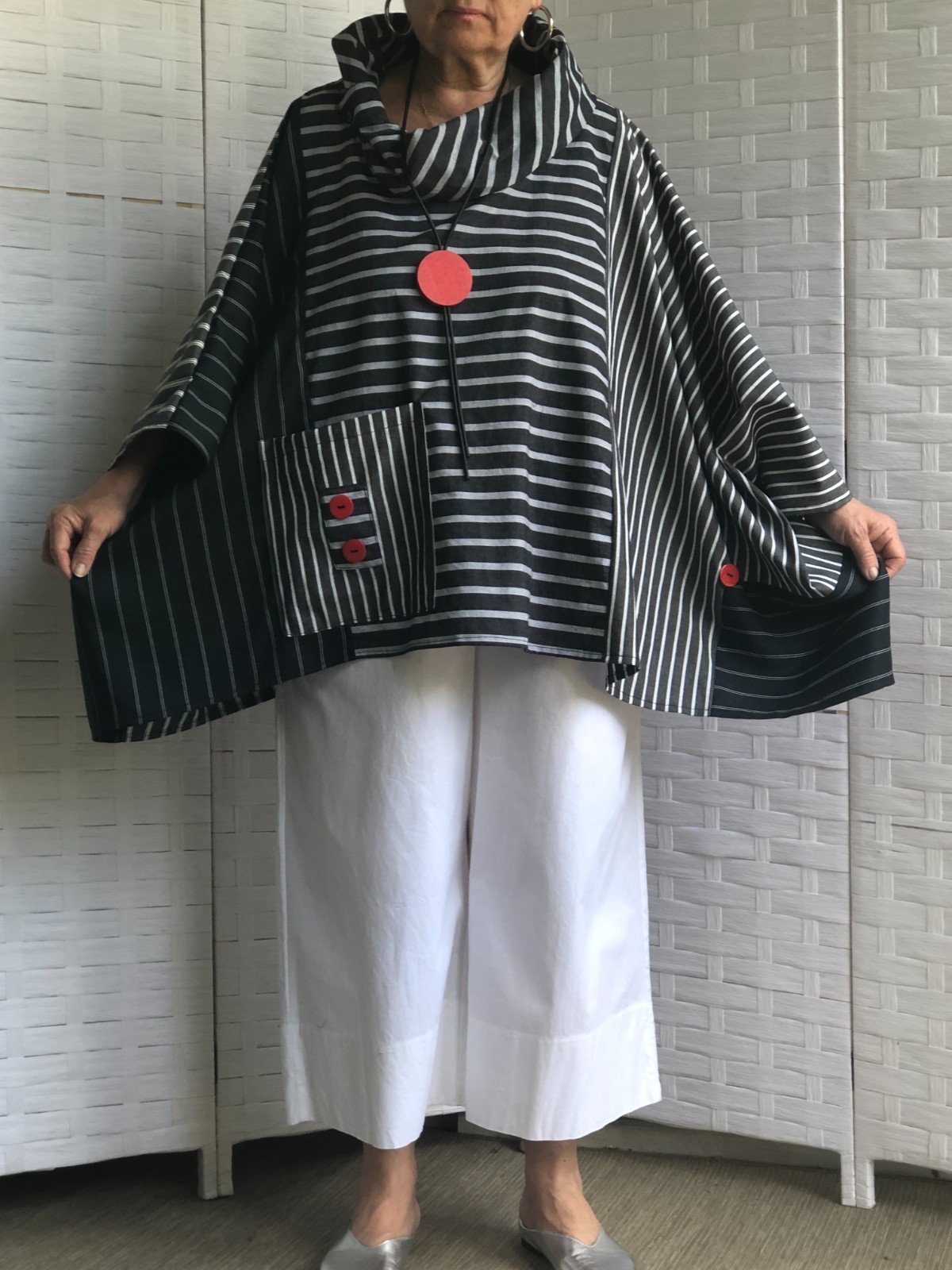 LAGENLOOK BOHO ARTSY UPCYCLE COTTON STRIPE TUNIC WITH NECKLACE ONE SIZE