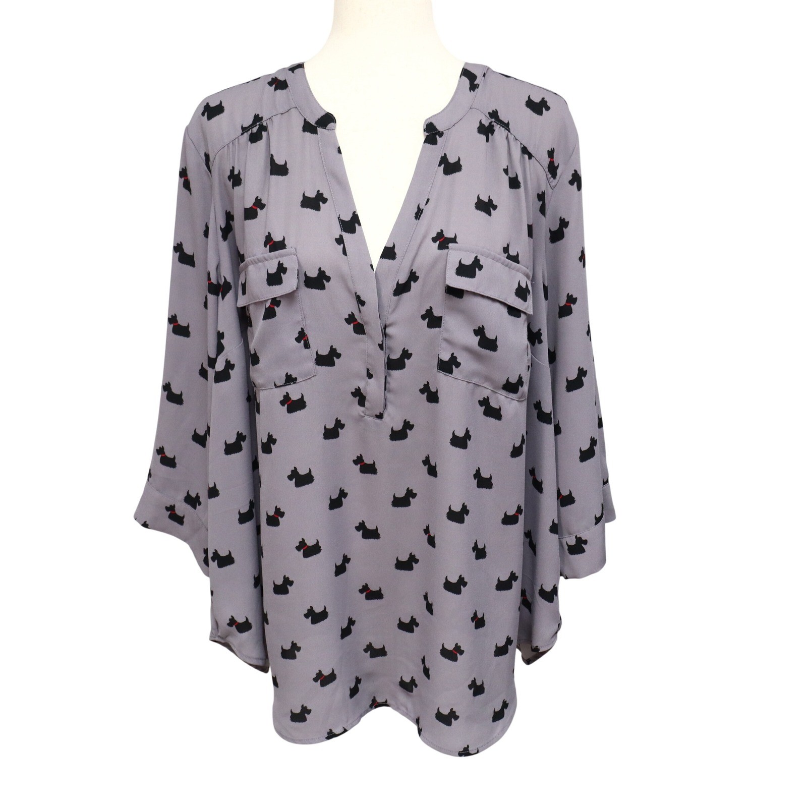 Torrid Scottie Dog Georgette Harper Blouse 2 Gray Roll Tab Sleeve Pocket Terrier