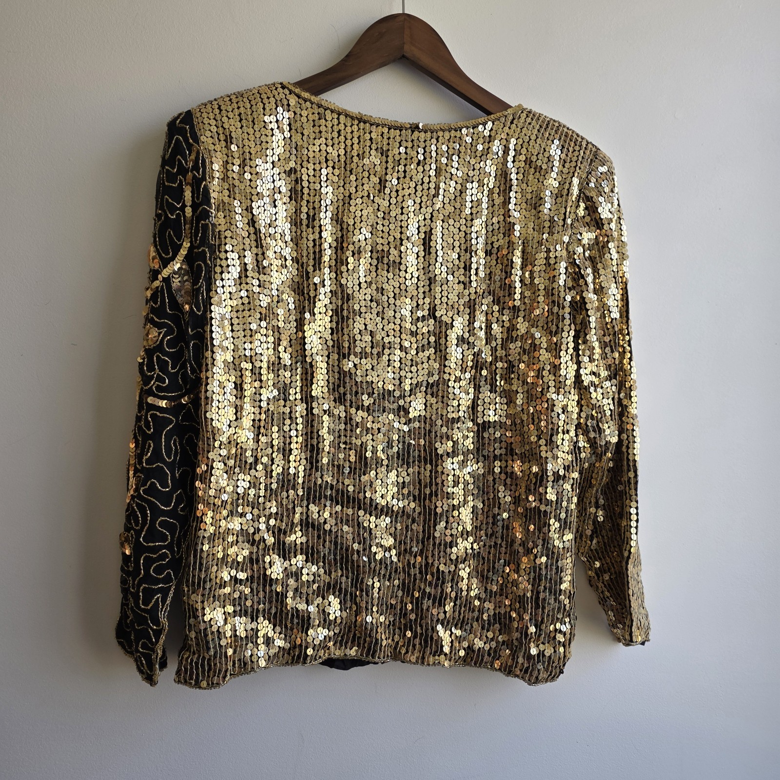VTG Jean For Joseph Le Bon Top Womens Small Gold Black 100% Silk Sequin Mob Wife