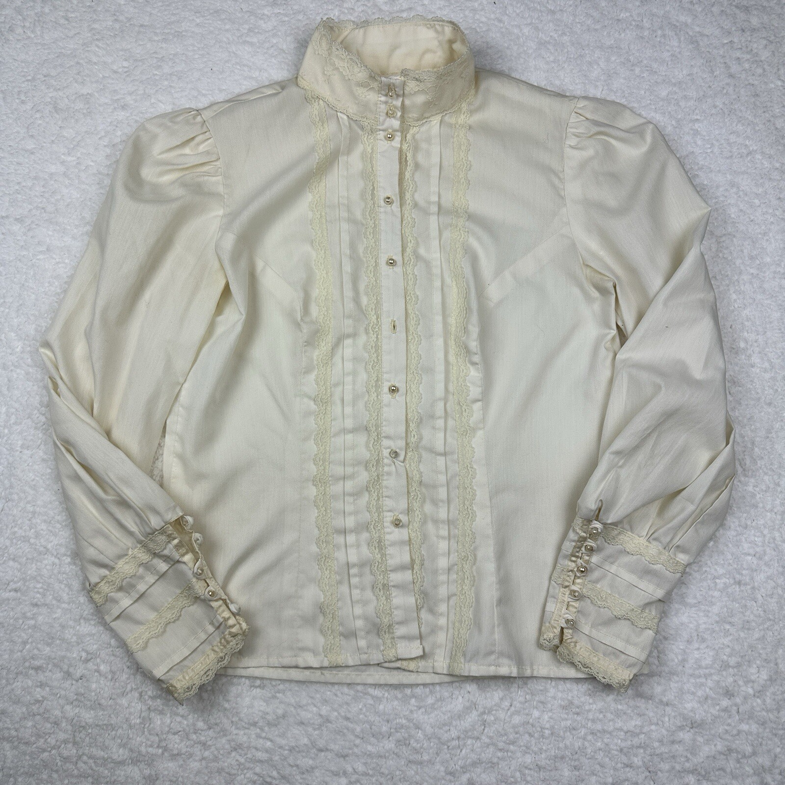 Vtg Handmade Ivory High Neck Blouse Lace Long Sleeve Button Back 18×22.5”