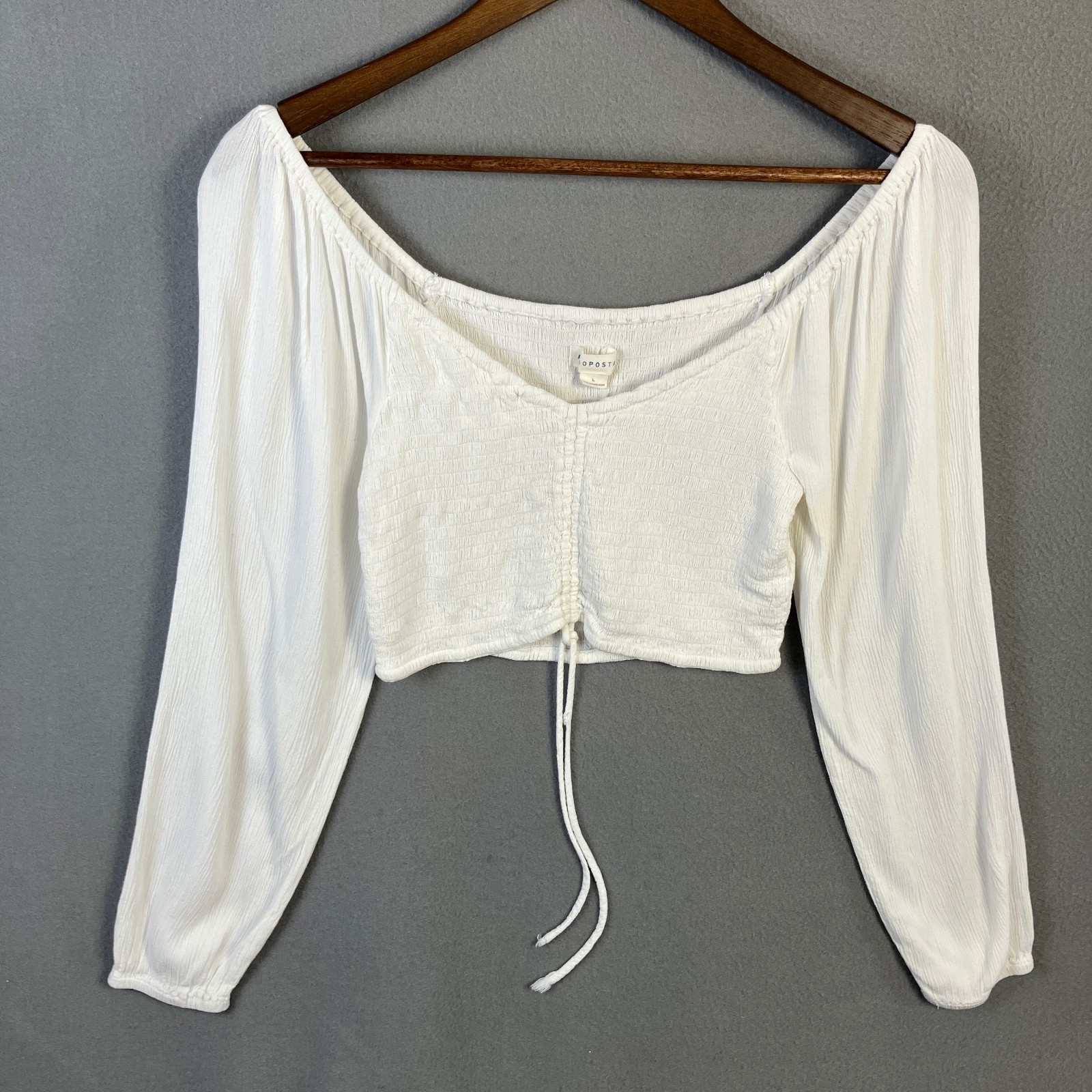 Aeropostale Smocked Crop Long Sleeve Top Women’s Size L White Ruched Drawstring