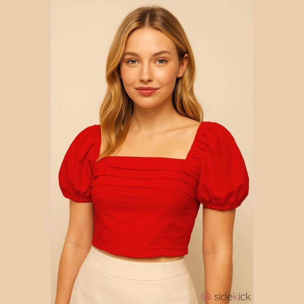 Sim & Sam Pink Flame Crop Top Poof Sleeve Tiered Front Ruched Back Size Small