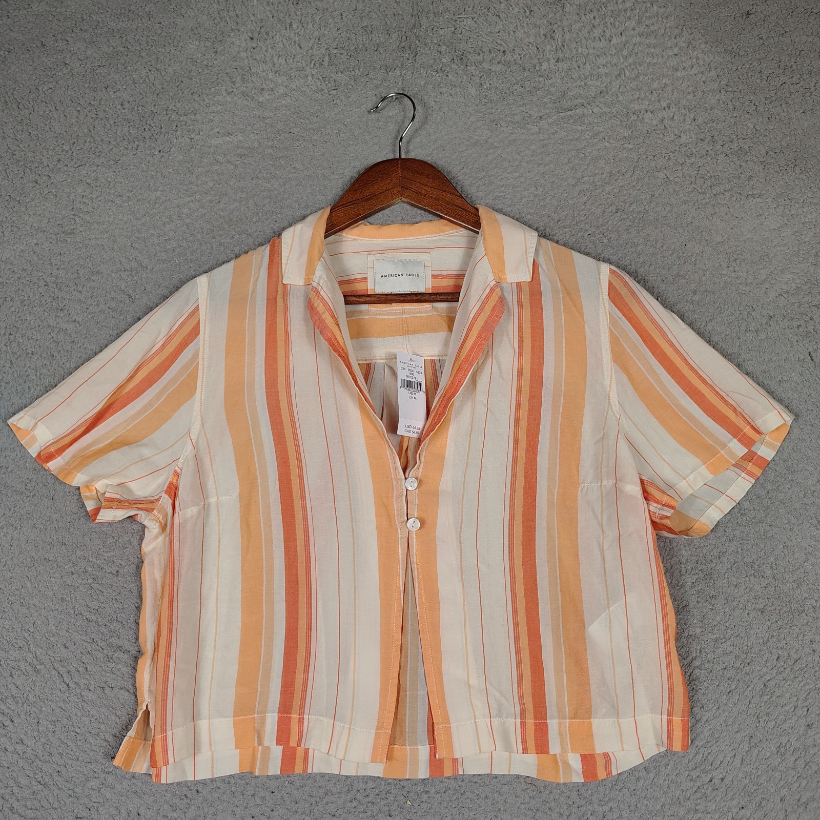 American Eagle Outfitters Top Womens M Cream Coral Striped Short Sleeve Crop NWT
