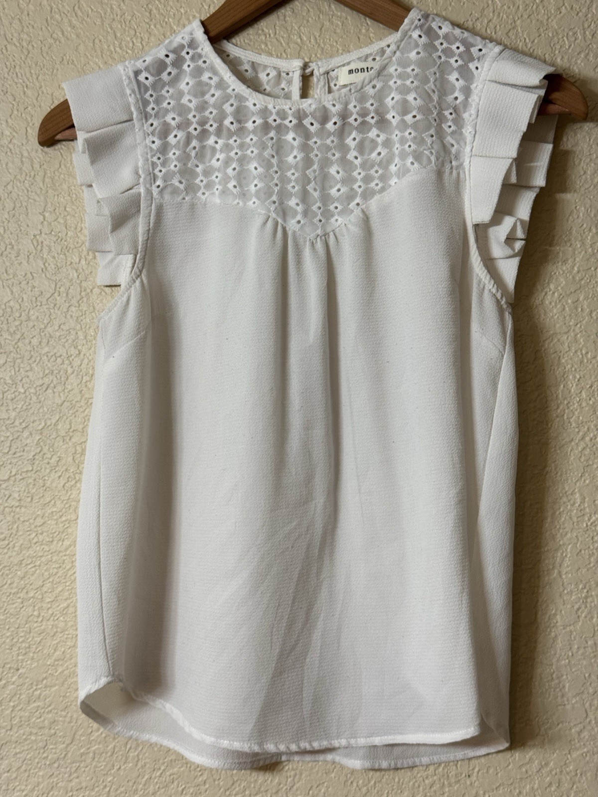 Monteau Los Angeles Womens S White Eyelet Lace Ruffle Sleeve Blouse Top