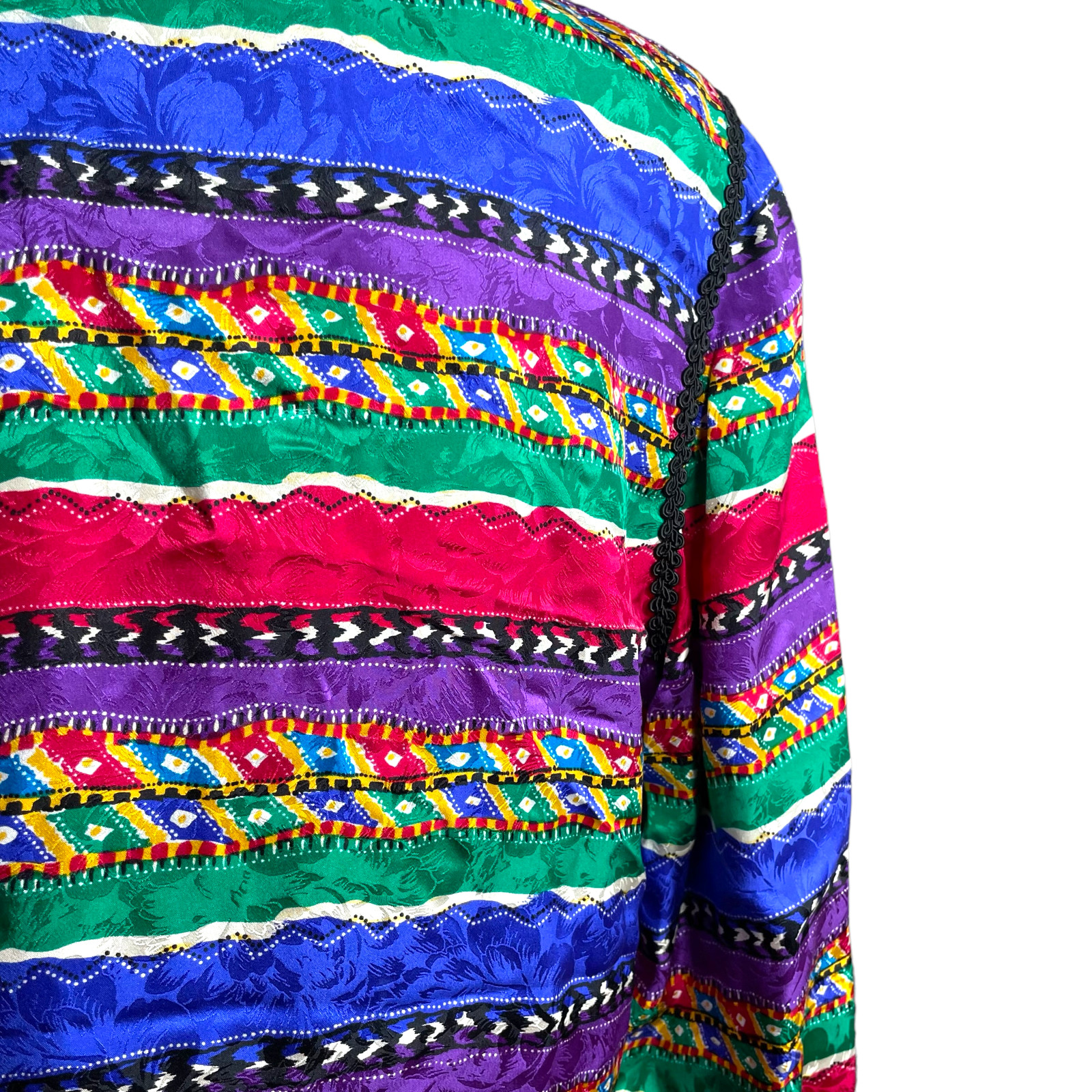 100% Silk Striped Jacket 12 VTG Maggy London Rainbow Baroque Geometric Patterned