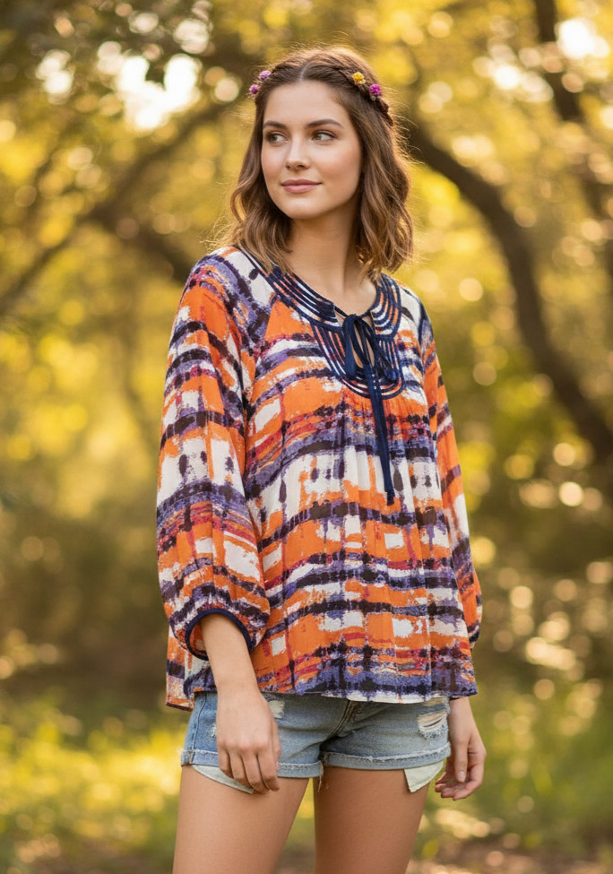 Jade Melody Tam M Top Orange Purple Blue Boho Peasant Festival Indie Art Fairy