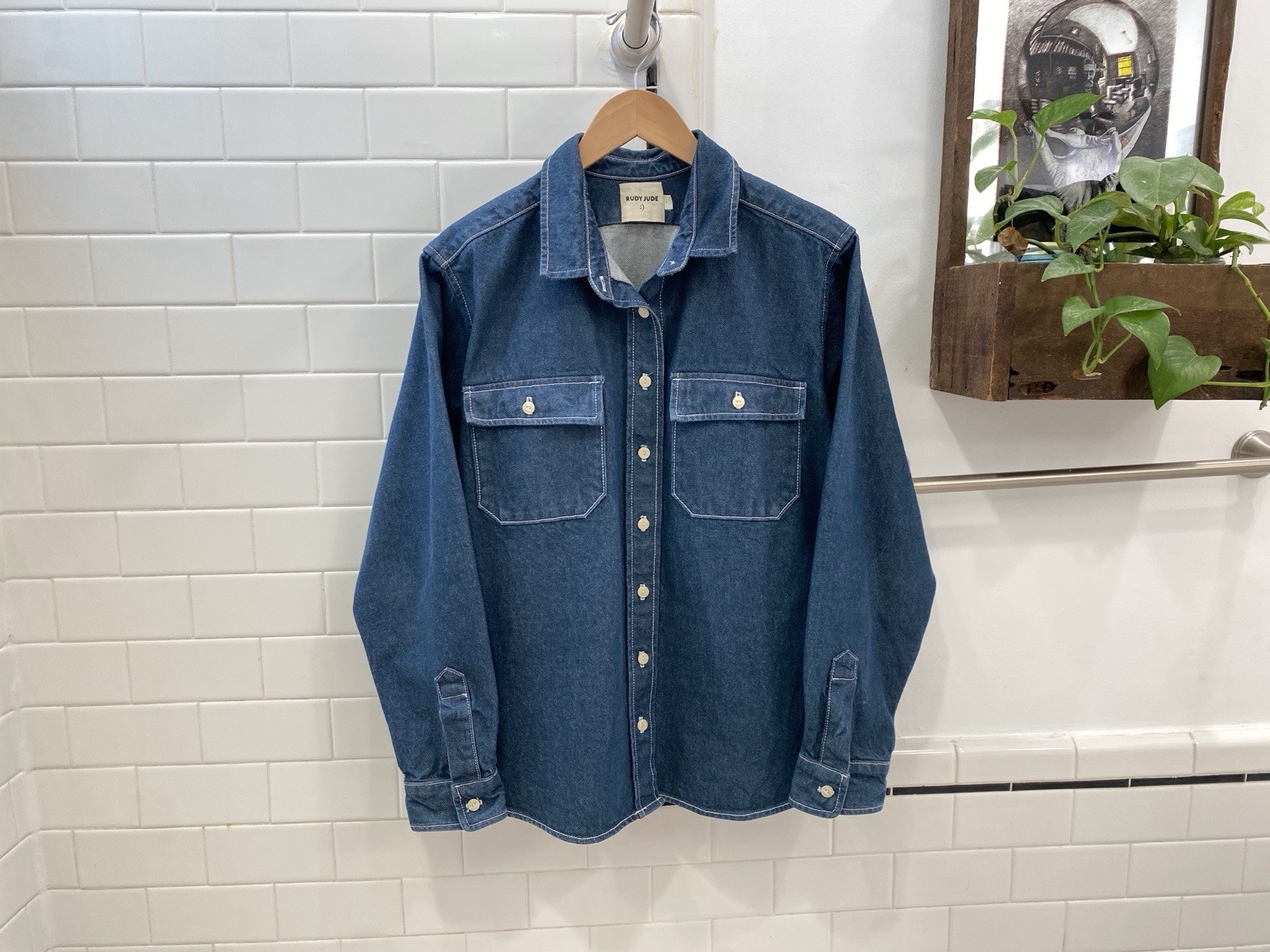 RUDY JUDE dark wash OVERSIZED INDIGO DENIM “CHAMOIS” SHIRT L organic cotton