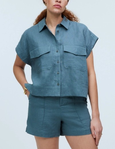 Madewell Flap-Pocket Button-Up Shirt 100% Linen mineral Green Cropped Casual XS