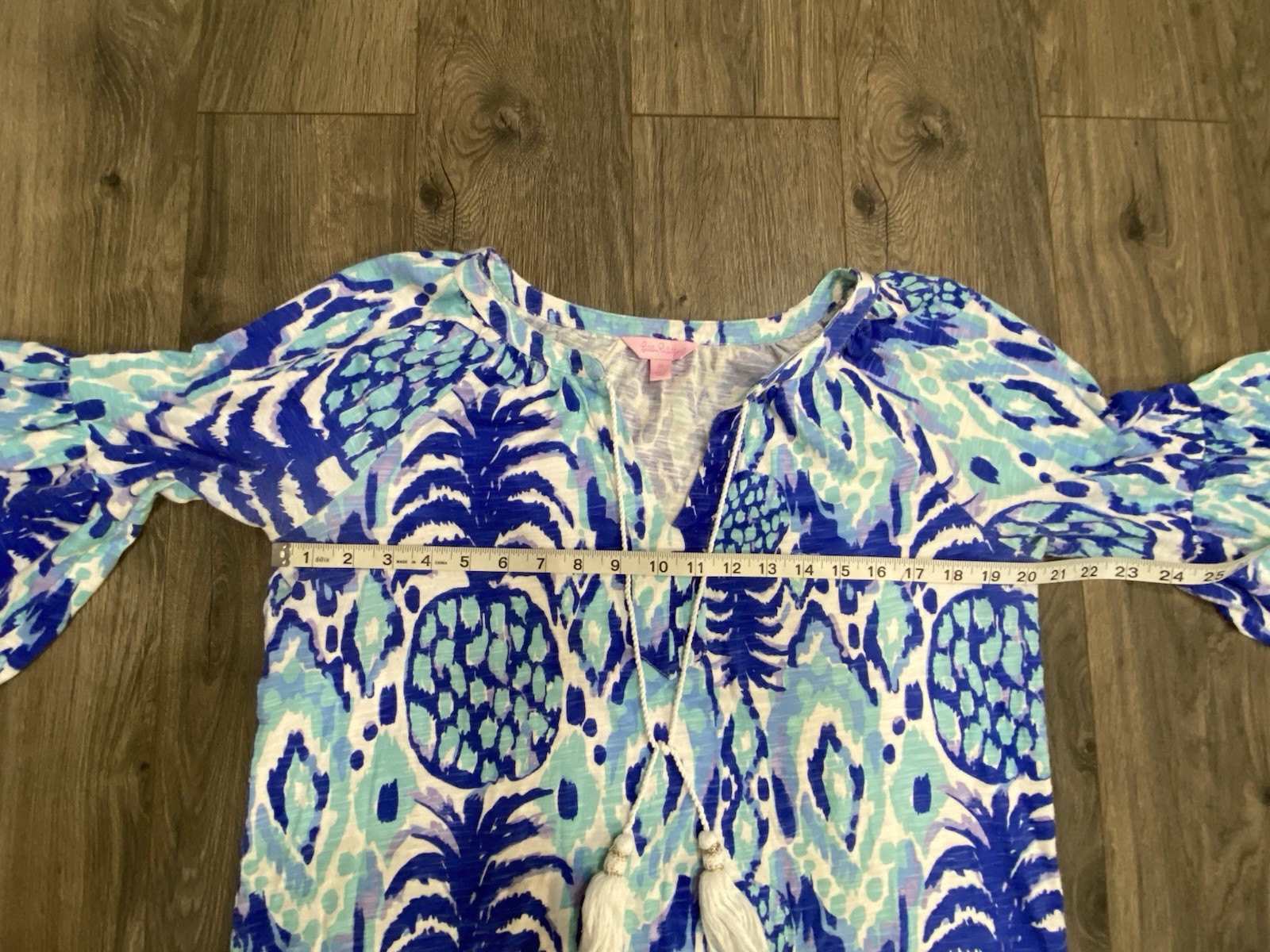 LILLY PULITZER Tropi Call Me Blue Tunic Top Medium Tassels Flared Bell Sleeves