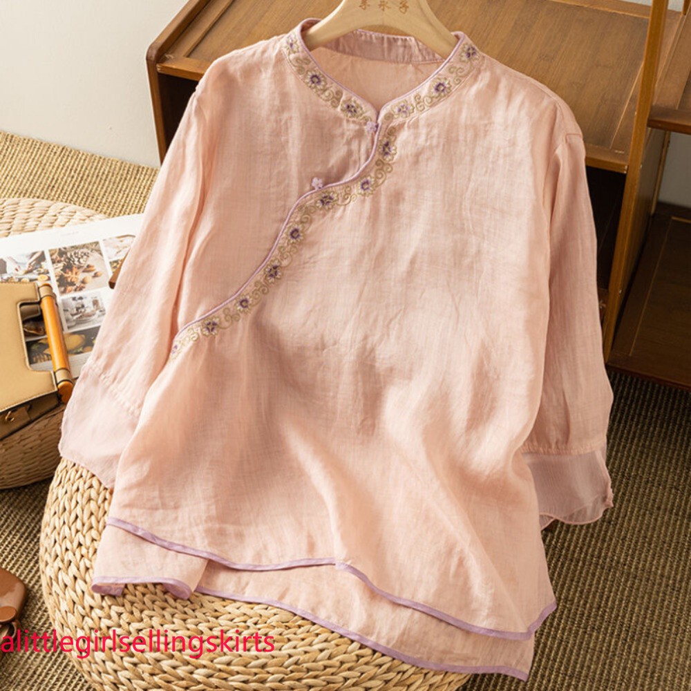Women Embroidered Floral Top Chinese Ethnic Shirt Blouse Casual Loose Thin Chic