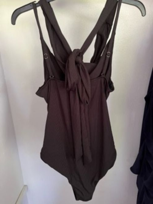 Black Crossover Halter 1 piece bathing suit with abdomen open