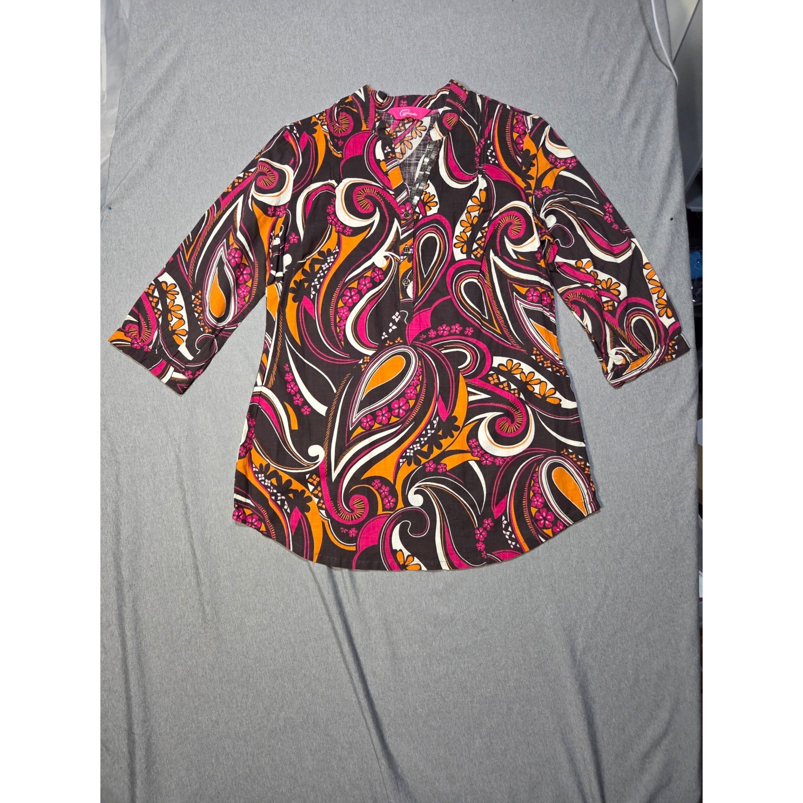 Pappagallo Womens Small Pink Orange Paisley Tunic Top 3/4 Sleeve Cotton Blouse