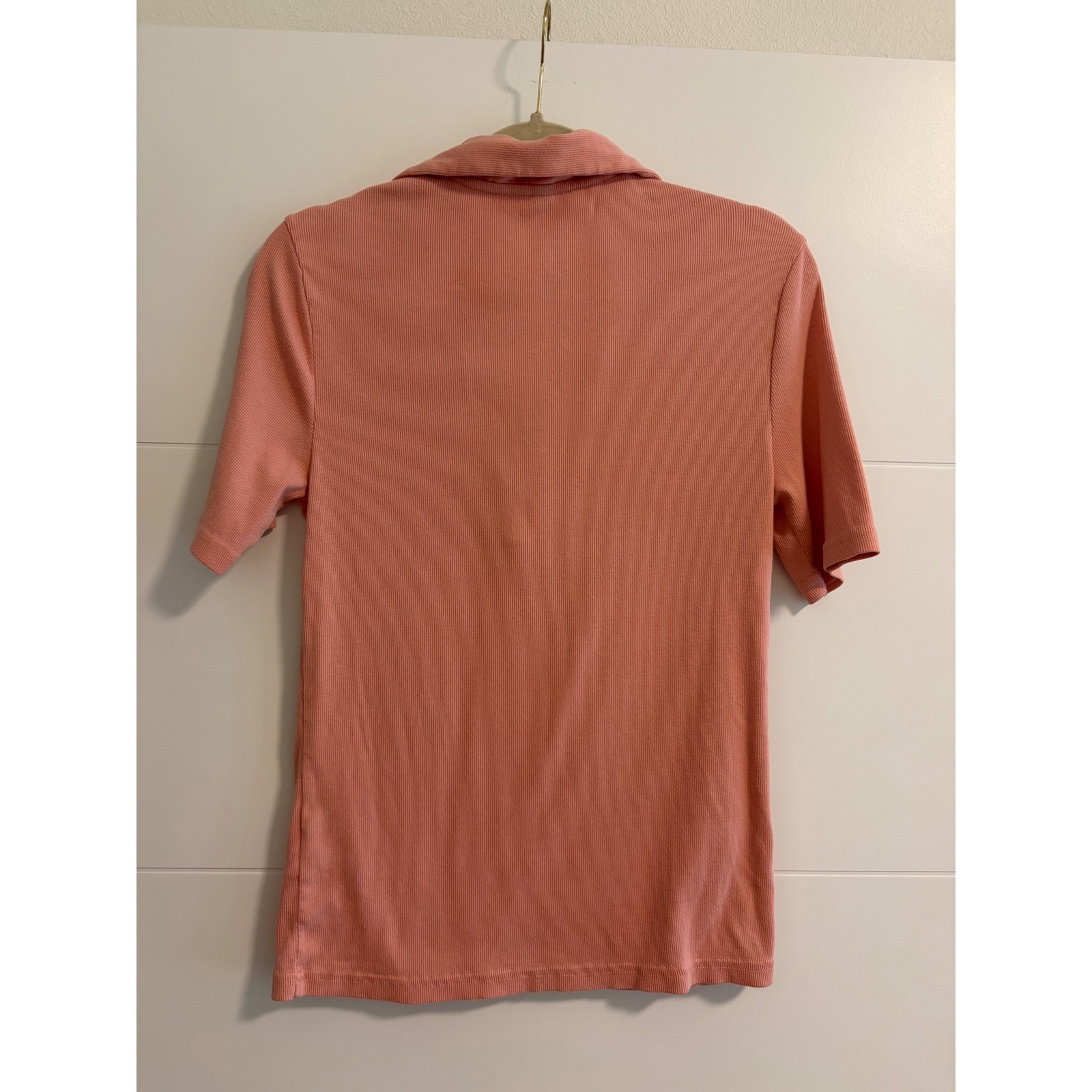 American Giant Women Peach Ribbed V-Neck Polo Shirt Short Sleeve Soft Size L USA