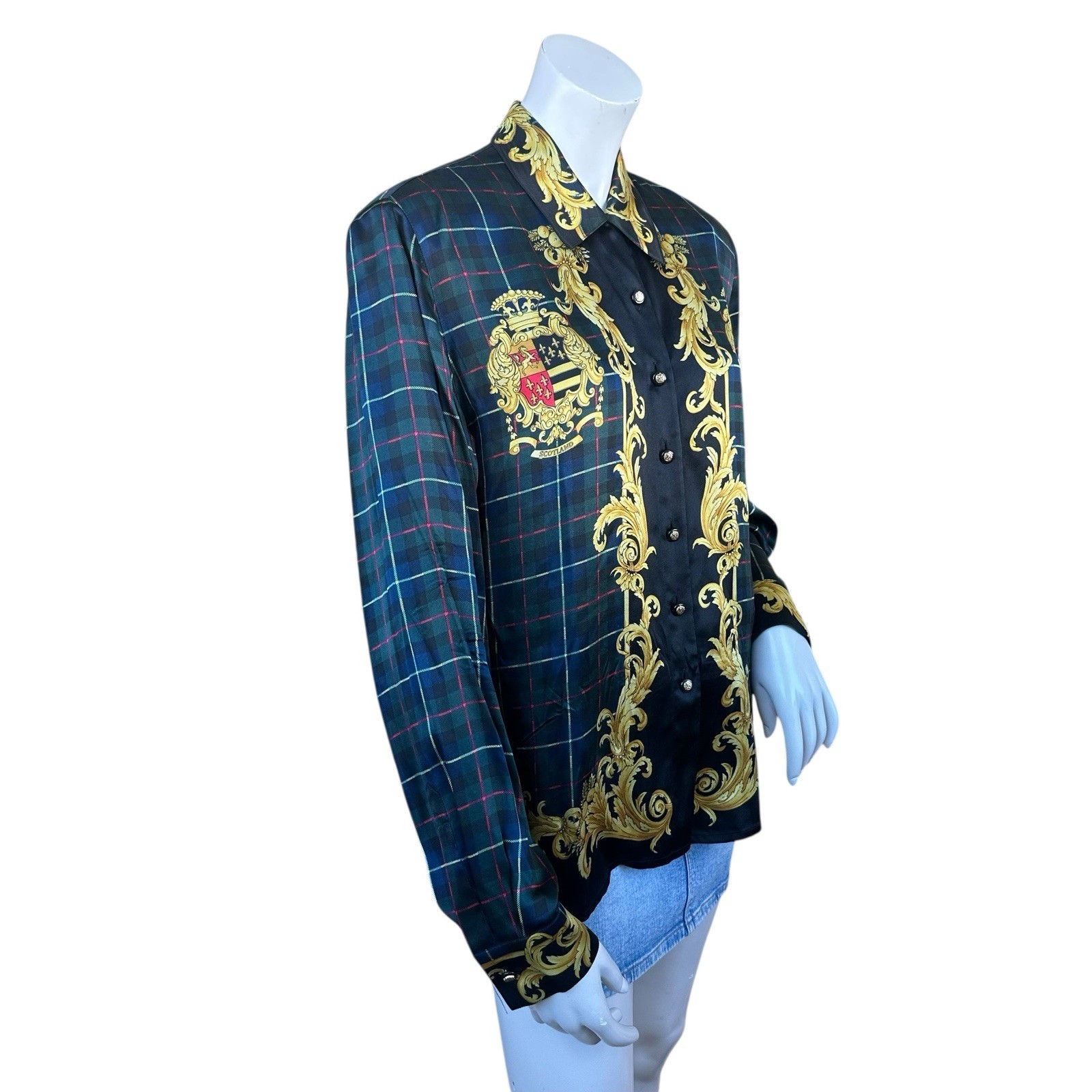 Vintage 80s Escada Tartan Scotland Crest Balmoral Castle Silk Blouse EU40 Medium