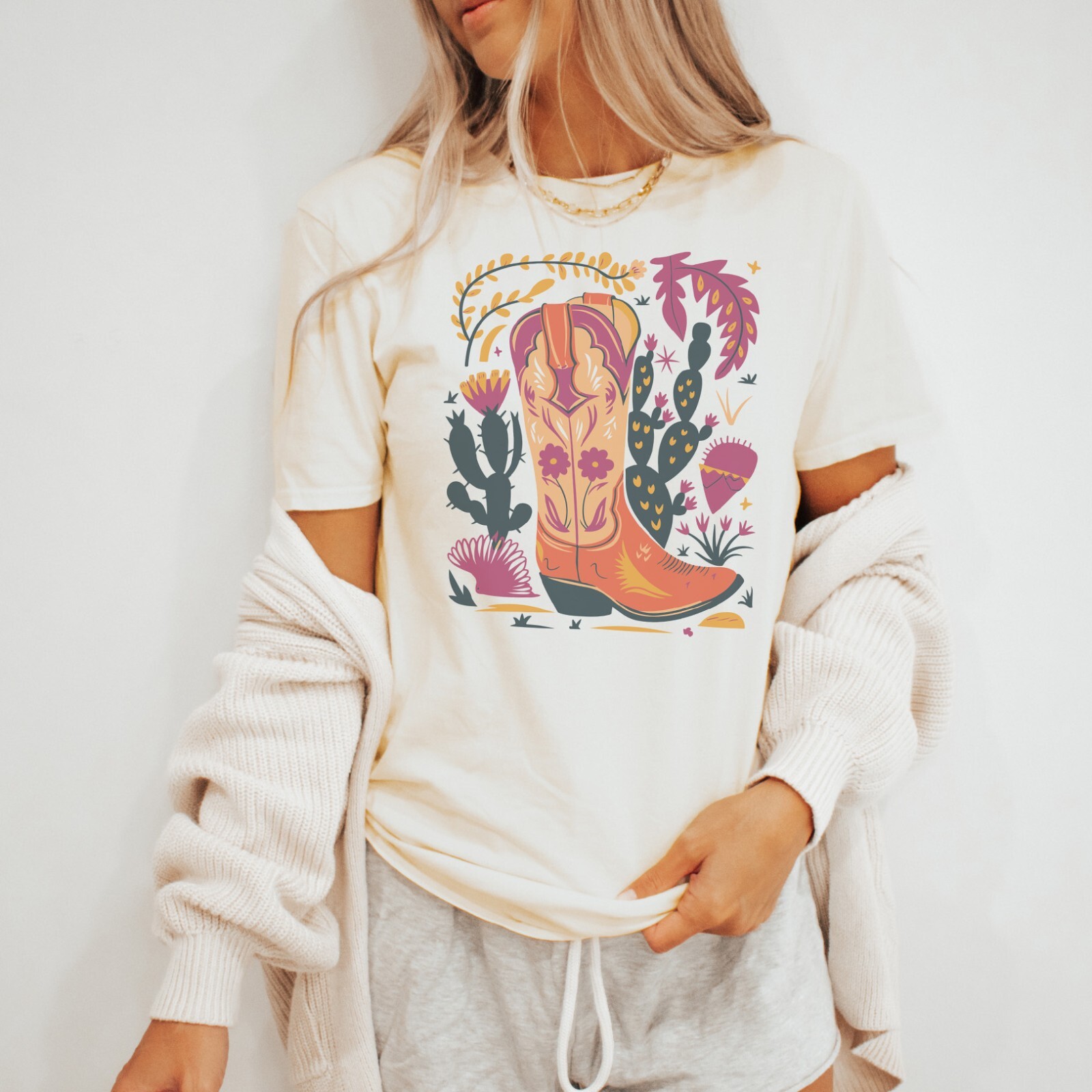 Cowboy Boot Cactus Floral Graphic Tee Western Desert Wildflower Shirt