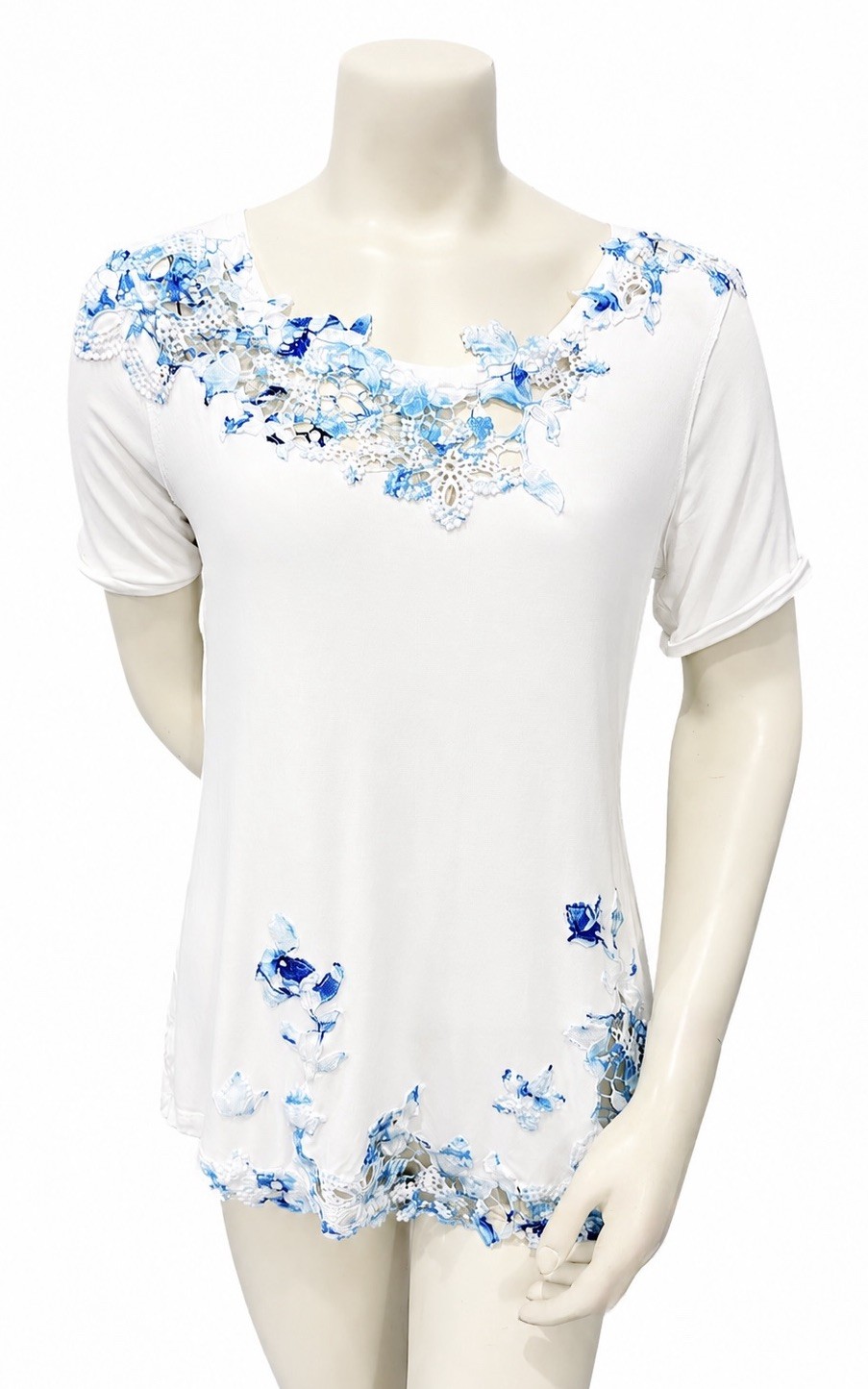 Elie Tahari Top Blouse Women M White Blue Floral Lace Applique Short Sleeve