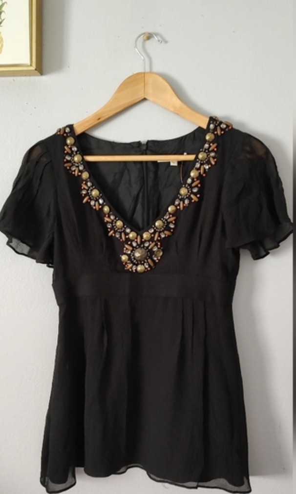 Nanette Lepore Top Blouse Black Size 2 Zipper Back Embellished Neck Good Conditi