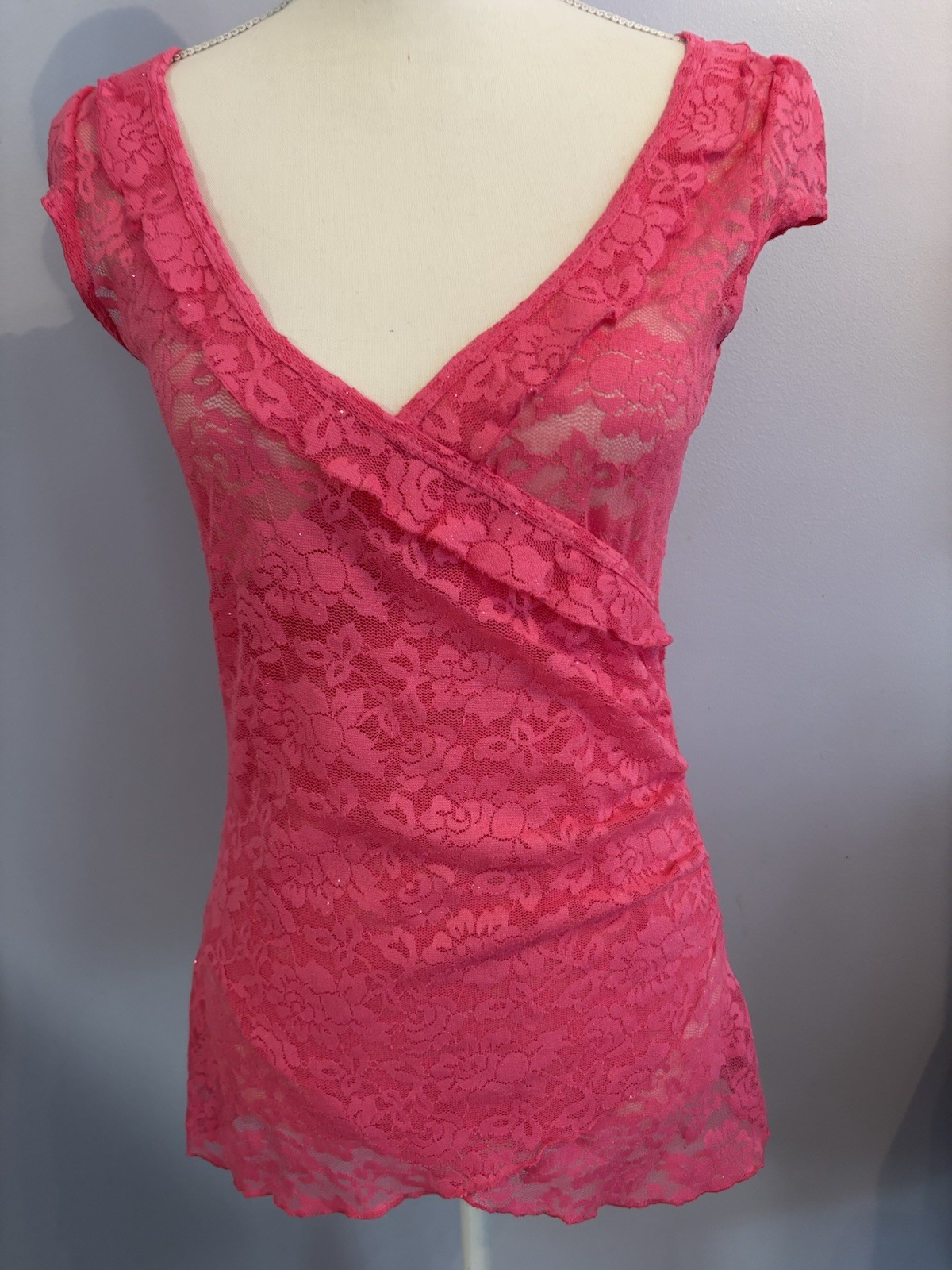 Vanity Sheer Pink Lace Blouse V Neck Ruffles Sz M EUC