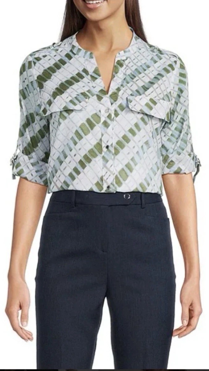Calvin Klein Women’s shirt blouse top white green blue Geometric Size 3X New!