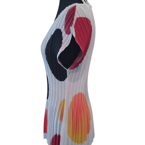Milano Large Polka Dot Pleat Texture Career Blouse, White Multicolor, Size Large