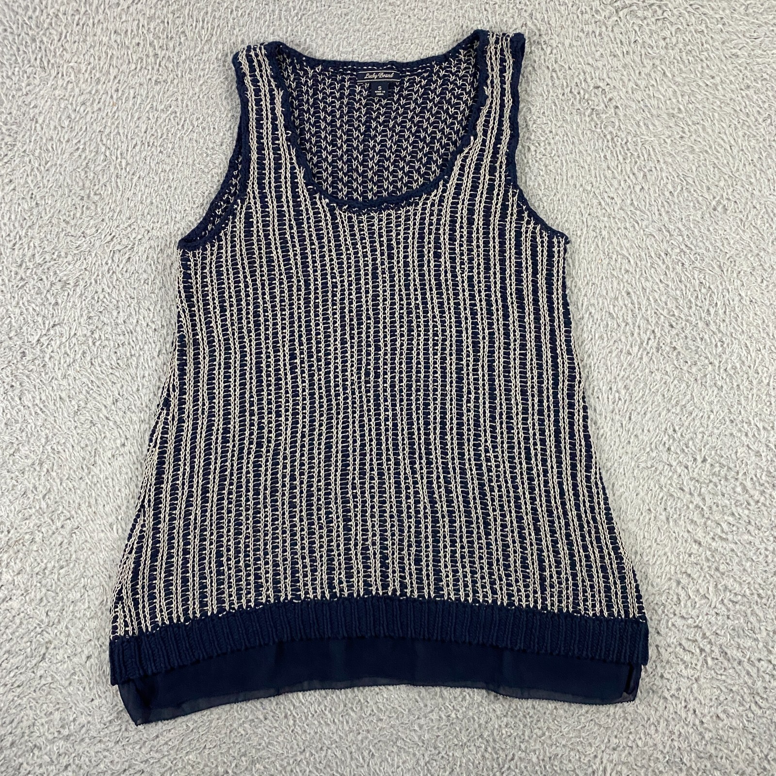 Lucky Brand Top Small Sweater Knit Sleeveless Pullover Tank Blue Hippie Boho