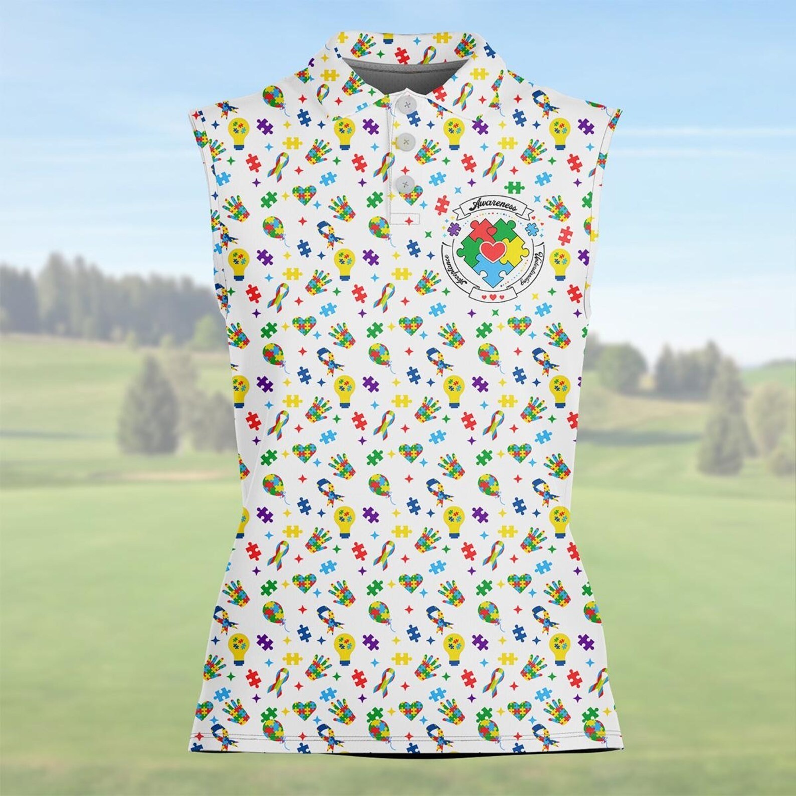 Women’s Autism Awareness Sleeveless Golf Polo Colorful Puzzle Shirt