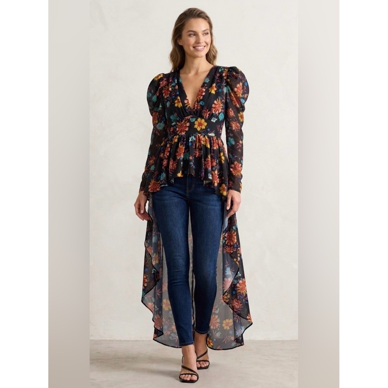 Lilly’s Kloset Floral High-Low Blouse – Long Puff Sleeve dramatic peplum top